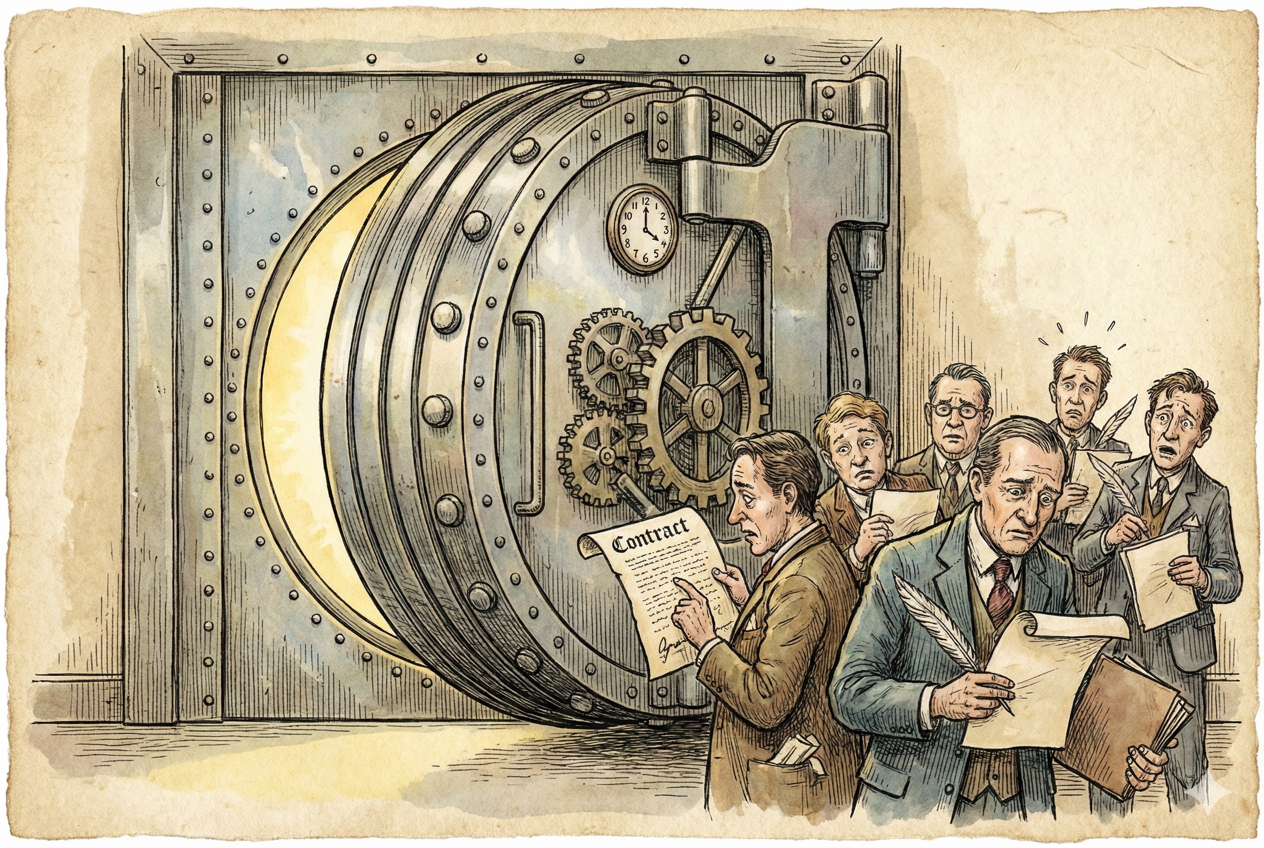 一扇厚重的银行金库大门正在缓缓关闭,门外站着几个焦虑的借款人,手里拿着未签署的合同,羊皮纸,钢笔彩色手绘的统一风格。