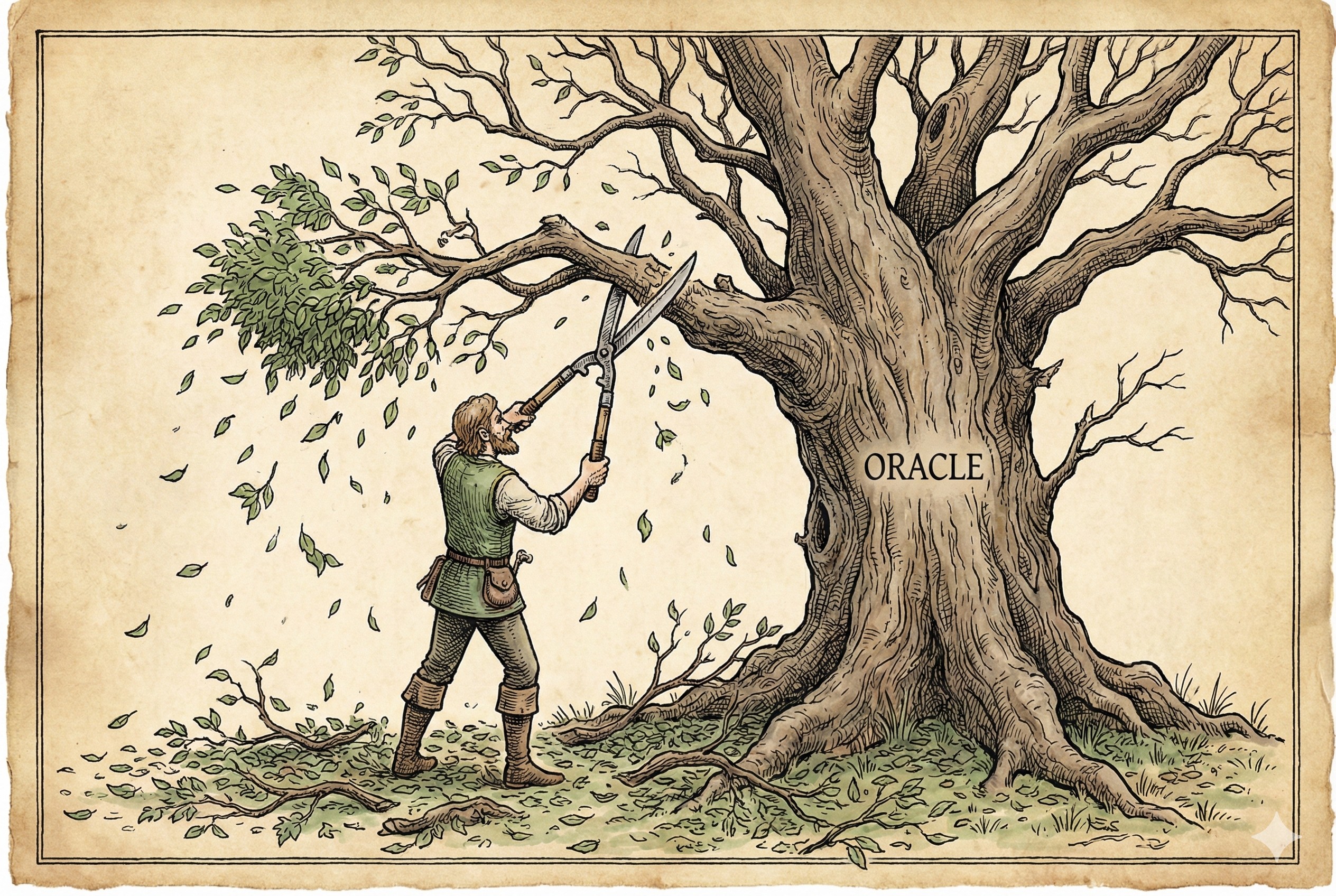 园丁手持巨大的剪刀,无情地修剪着一棵庞大的老树(Oracle),大片的枝叶落在地上,树干显得有些孤单,羊皮纸,钢笔彩色手绘的统一风格。