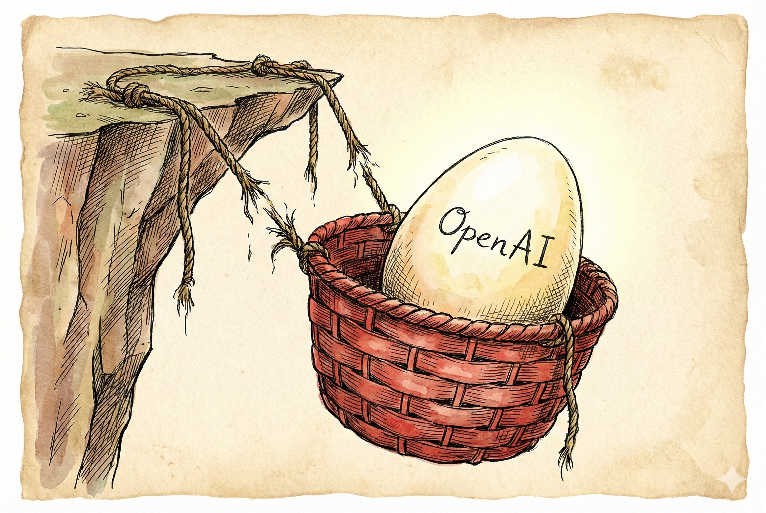 一个悬挂在悬崖边的巨大的红色篮子,篮子里只装着一颗巨大的发光蛋(OpenAI),绳索看起来岌岌可危,羊皮纸,钢笔彩色手绘的统一风格。