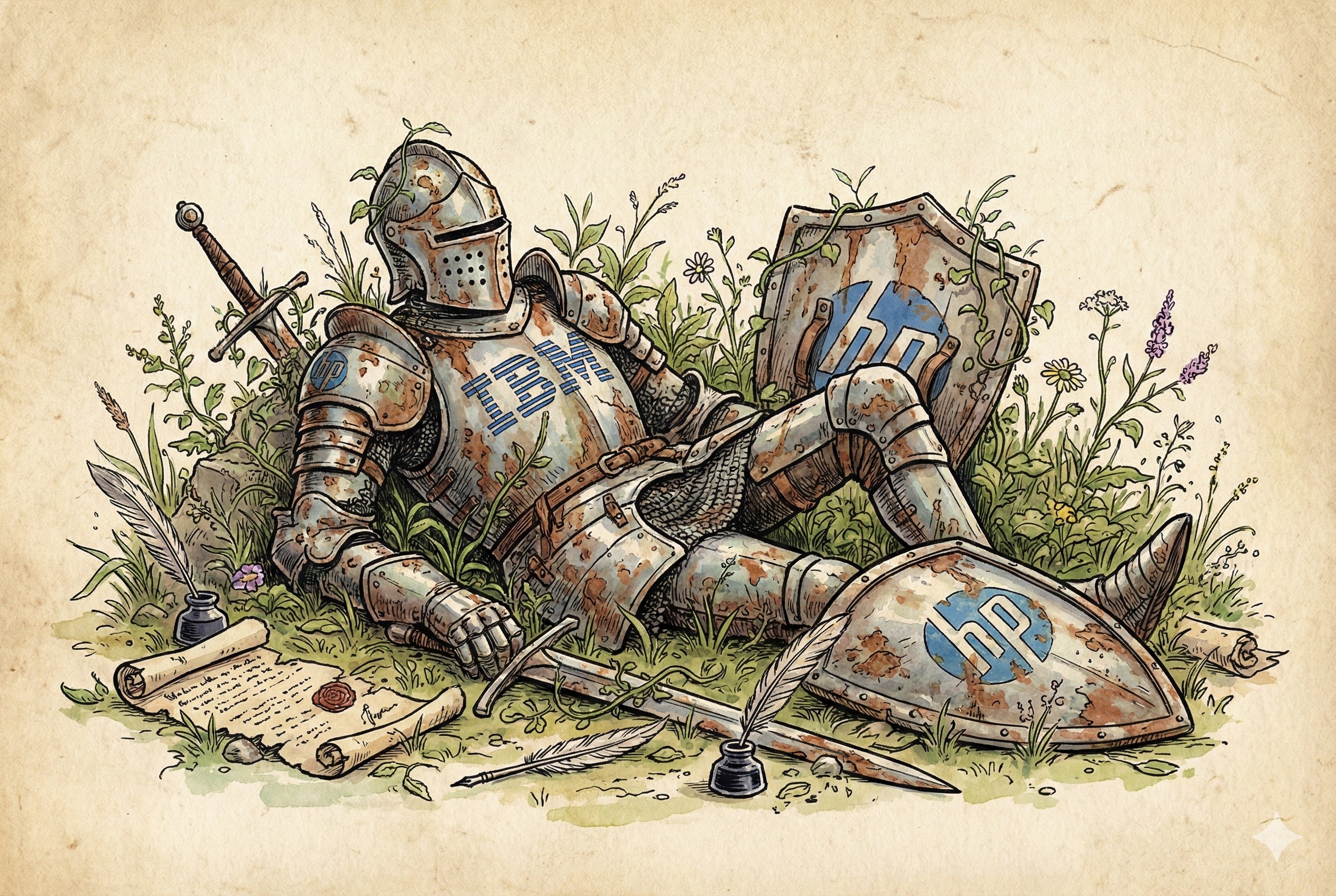 荒野中散落着生锈的中世纪骑士盔甲,盔甲上印着旧时代的科技标志(IBM、HP),周围杂草丛生,羊皮纸,钢笔彩色手绘的统一风格。