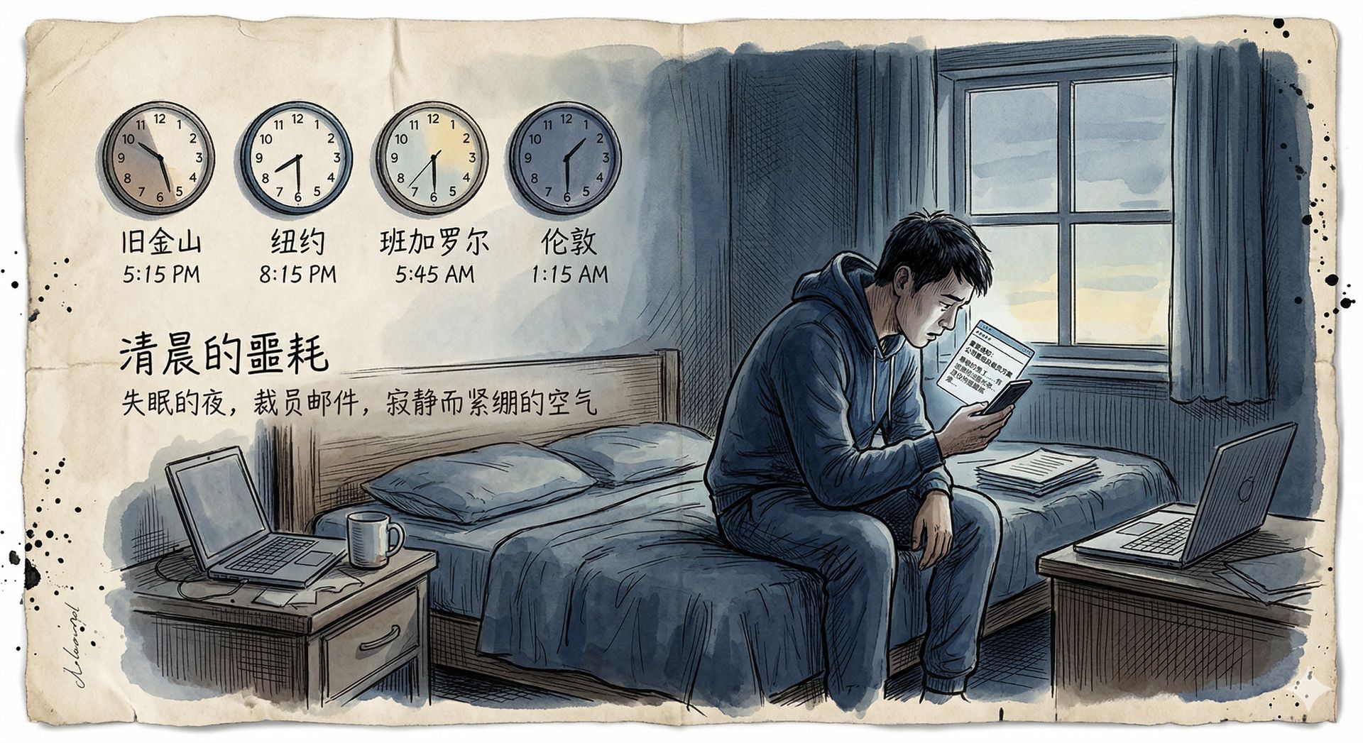 清晨昏暗卧室里，一名科技公司员工坐在床边低头看手机上的裁员邮件，窗外微亮，不同时区的钟表挂在墙上分别指向旧金山、纽约、班加罗尔与伦敦，空气紧绷而安静，羊皮纸，钢笔彩色手绘的统一风格。