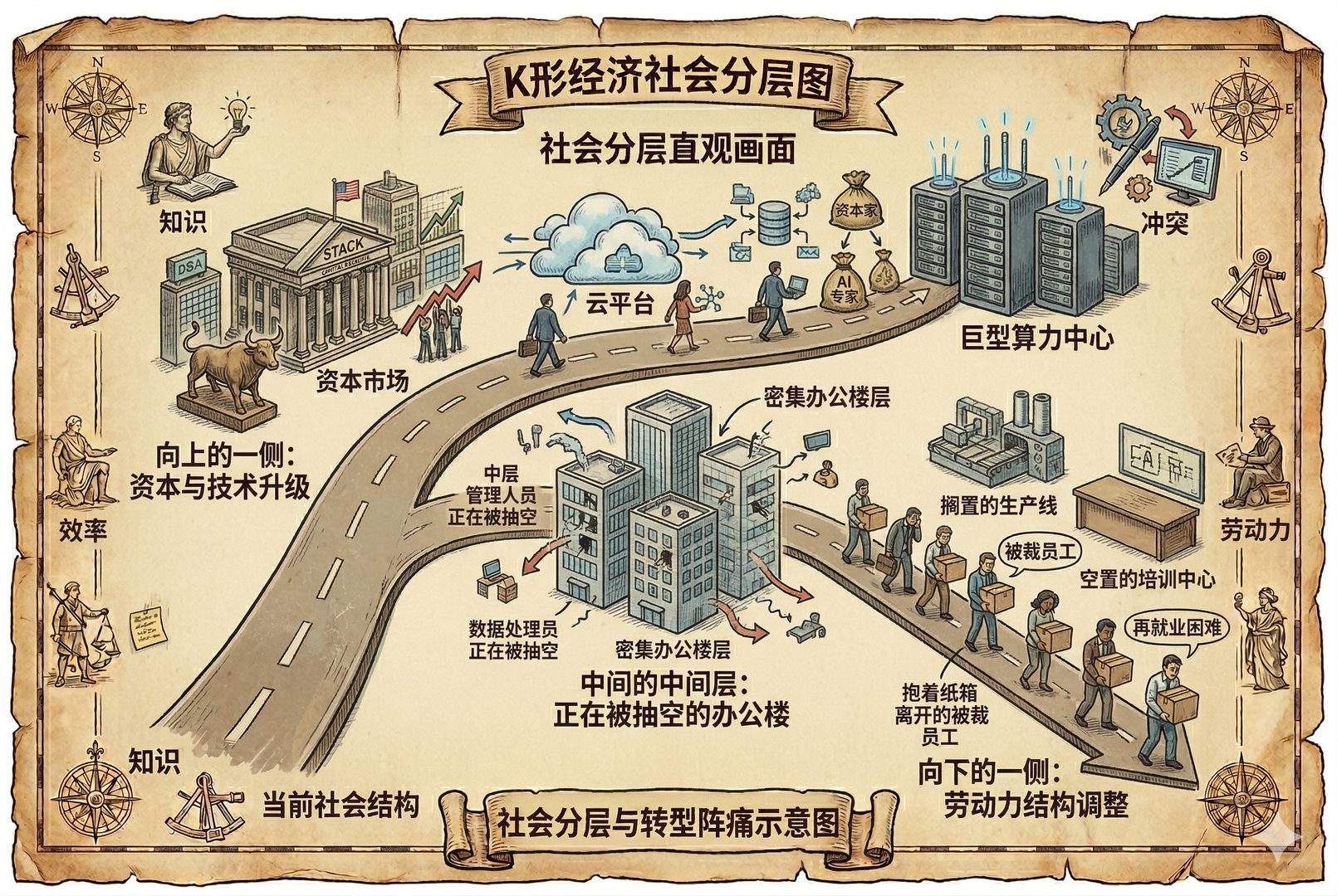  一幅明显分叉的K形道路，向上的一侧通往资本市场、云平台和巨型算力中心，向下的一侧是抱着纸箱离开的被裁员工，中间原本密集的办公楼层正在被抽空，构成社会分层的直观画面，羊皮纸，钢笔彩色手绘的统一风格。