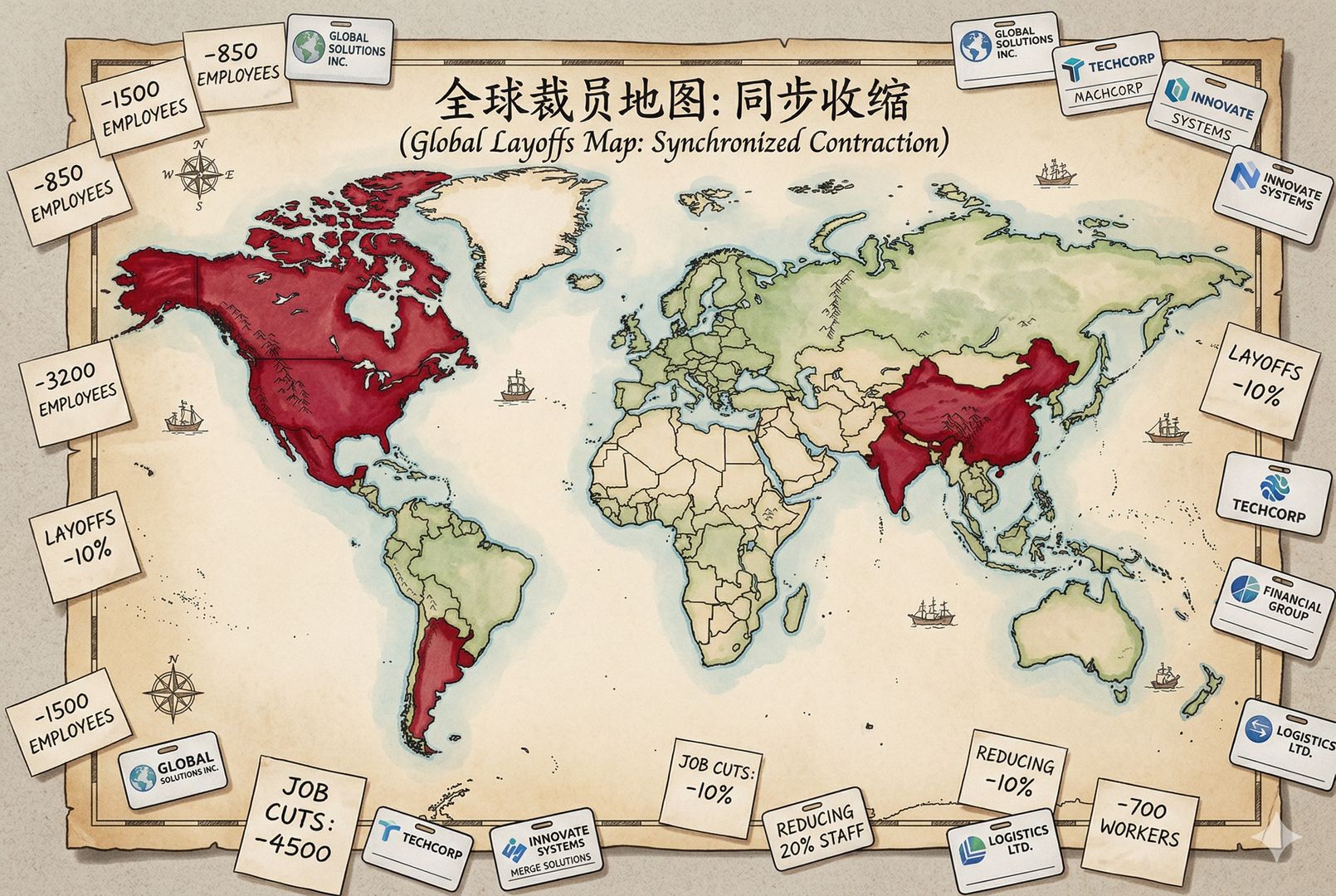一幅俯视视角的全球地图铺展开来，美国、印度、中国、加拿大、墨西哥与乌拉圭被红色墨水重点标注，地图边缘散落着写有裁员人数的小纸条与公司名牌，呈现全球同步收缩的气氛，羊皮纸，钢笔彩色手绘的统一风格。