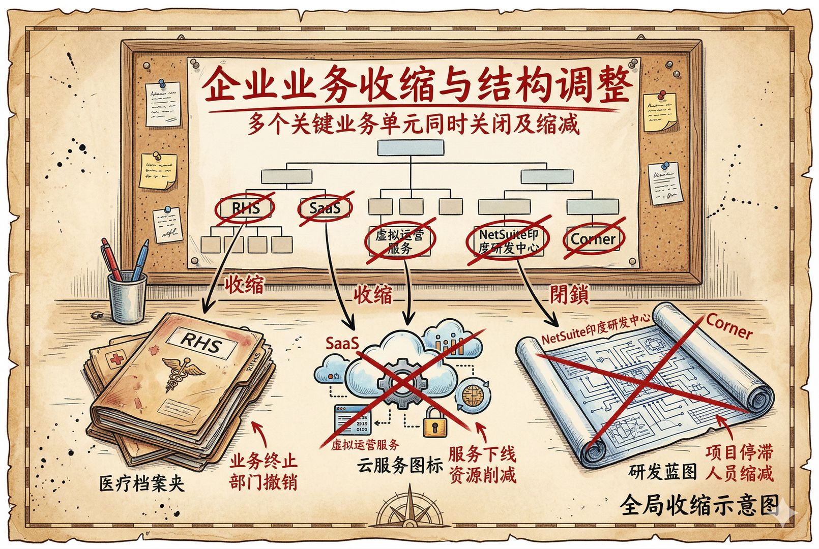 企业组织结构图被钉在公告板上，RHS、SaaS、虚拟运营服务、NetSuite印度研发中心、Corner等部门名称被红笔圈出并划掉，旁边放着医疗档案夹、云服务图标和研发蓝图，象征多个业务同时收缩，羊皮纸，钢笔彩色手绘的统一风格。