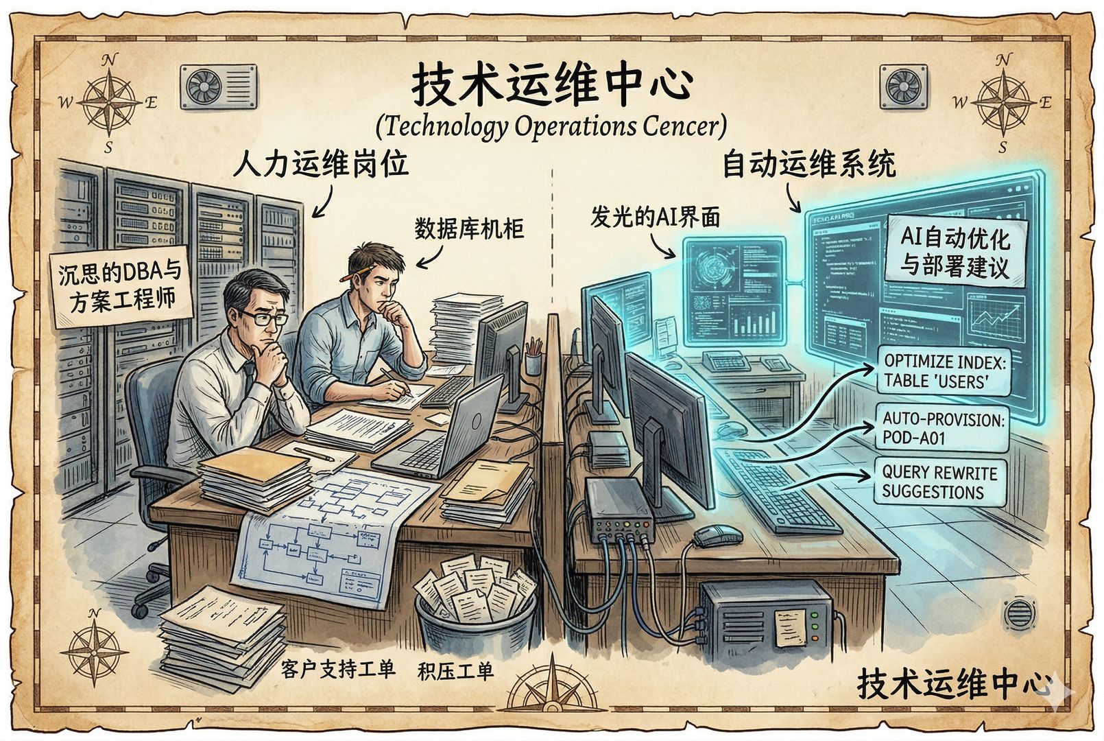 一间技术运维中心里，数据库机柜、系统流程图和客户支持工单堆满桌面，一侧是沉思的DBA与方案工程师，另一侧是发光的AI界面自动生成数据库优化与部署建议，形成岗位被替代的直接对比，羊皮纸，钢笔彩色手绘的统一风格。
