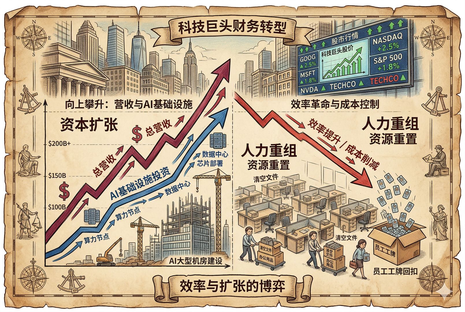 华尔街风格的财务场景中，一边是向上攀升的营收与AI基础设施曲线，另一边是成排被打包带走的办公桌和员工工牌，背景有正在建设的大型机房与股价上涨的行情板，羊皮纸，钢笔彩色手绘的统一风格。