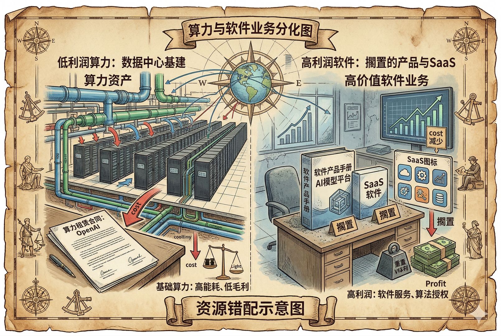 一座新建成的算力机房内部，长排服务器与冷却管线延伸至远处，前景中一份合同标着OpenAI，另一侧被搁置的软件产品手册和SaaS图标显得冷清，表现低利润卖算力与高利润软件业务的分化，羊皮纸，钢笔彩色手绘的统一风格。