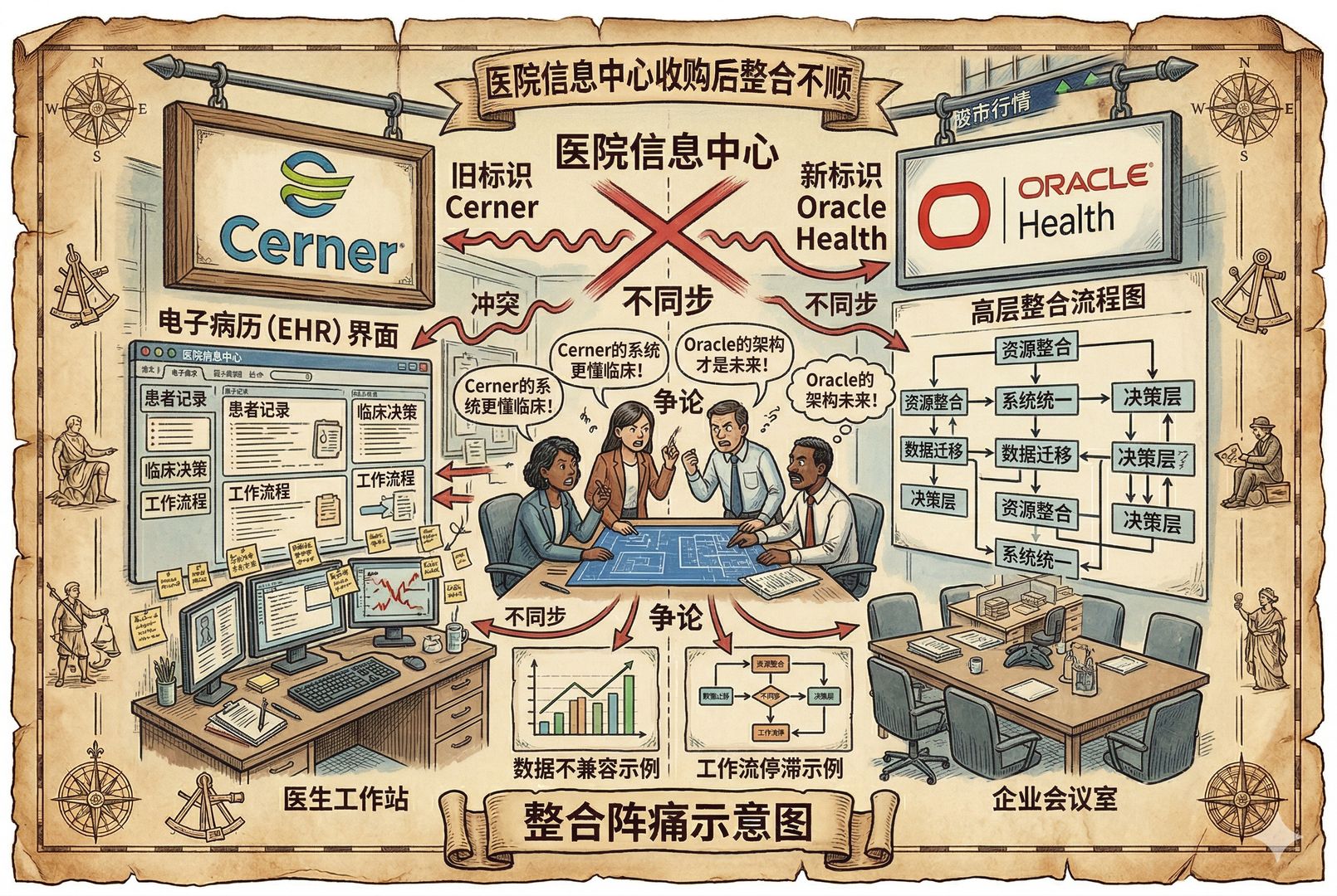 医院信息中心与企业会议室交叠的场景里，Cerner旧标识与Oracle Health新标识并排悬挂，电子病历界面、医生工作站和高层整合流程图彼此冲突，几名管理者在争论，象征收购后整合不顺，羊皮纸，钢笔彩色手绘的统一风格。