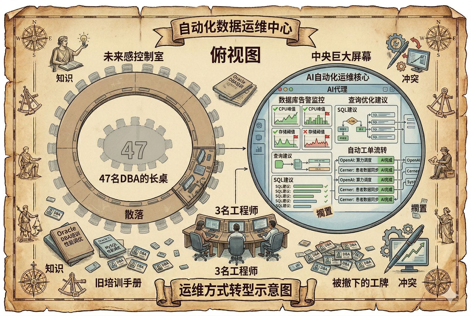俯视一间未来感控制室，原本坐满47名DBA的长桌如今只剩3名工程师，中央巨大屏幕上的AI代理同时监控数据库告警、查询优化和自动工单流转，桌面散落旧培训手册与被撤下的工牌，羊皮纸，钢笔彩色手绘的统一风格。