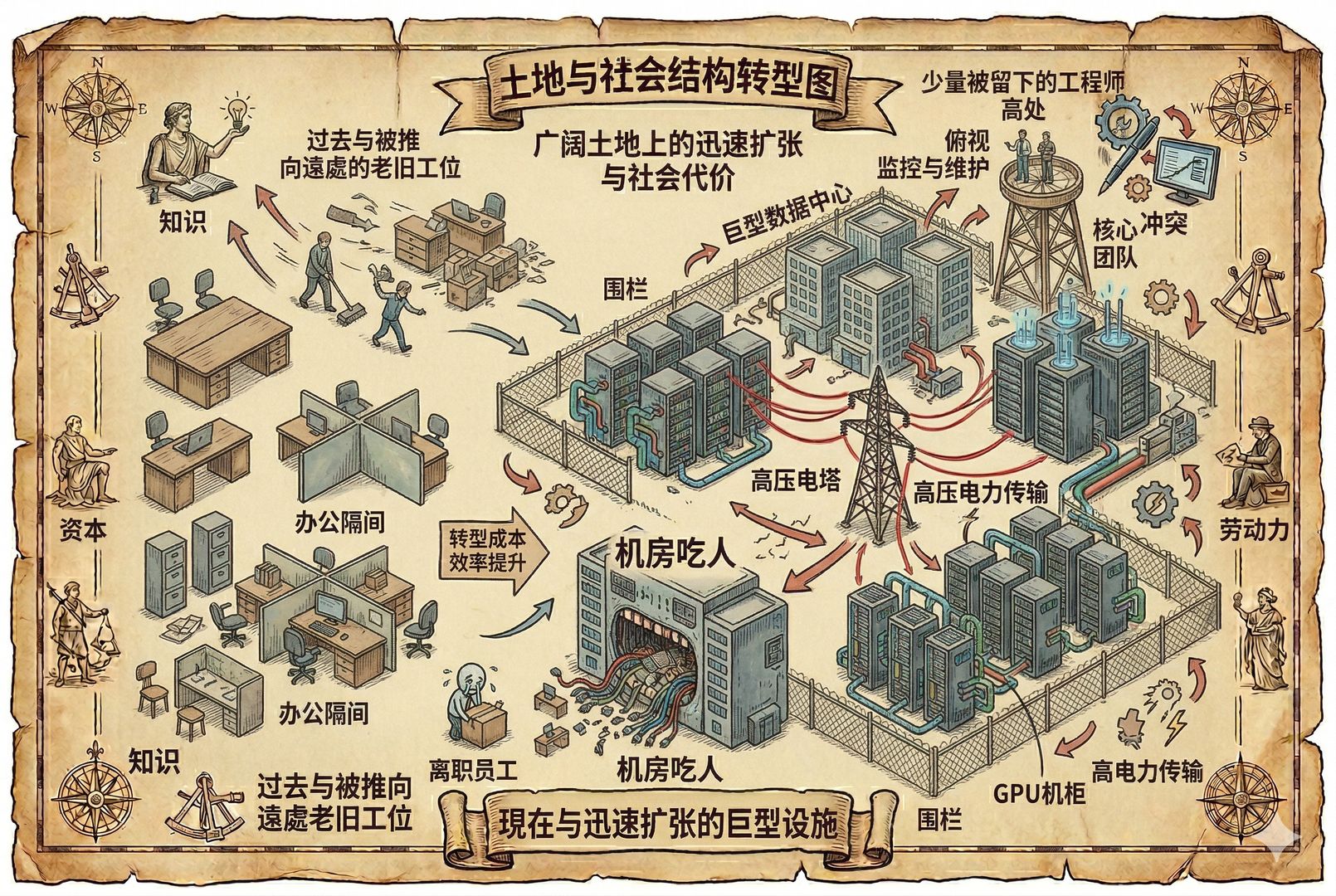 广阔土地上竖起围栏，传统工位与办公隔间被推向远处，而一座座巨型数据中心、GPU机柜与高压电塔正在迅速扩张，少量被留下的工程师站在高处俯视，形成“机房吃人”的强烈隐喻，羊皮纸，钢笔彩色手绘的统一风格。