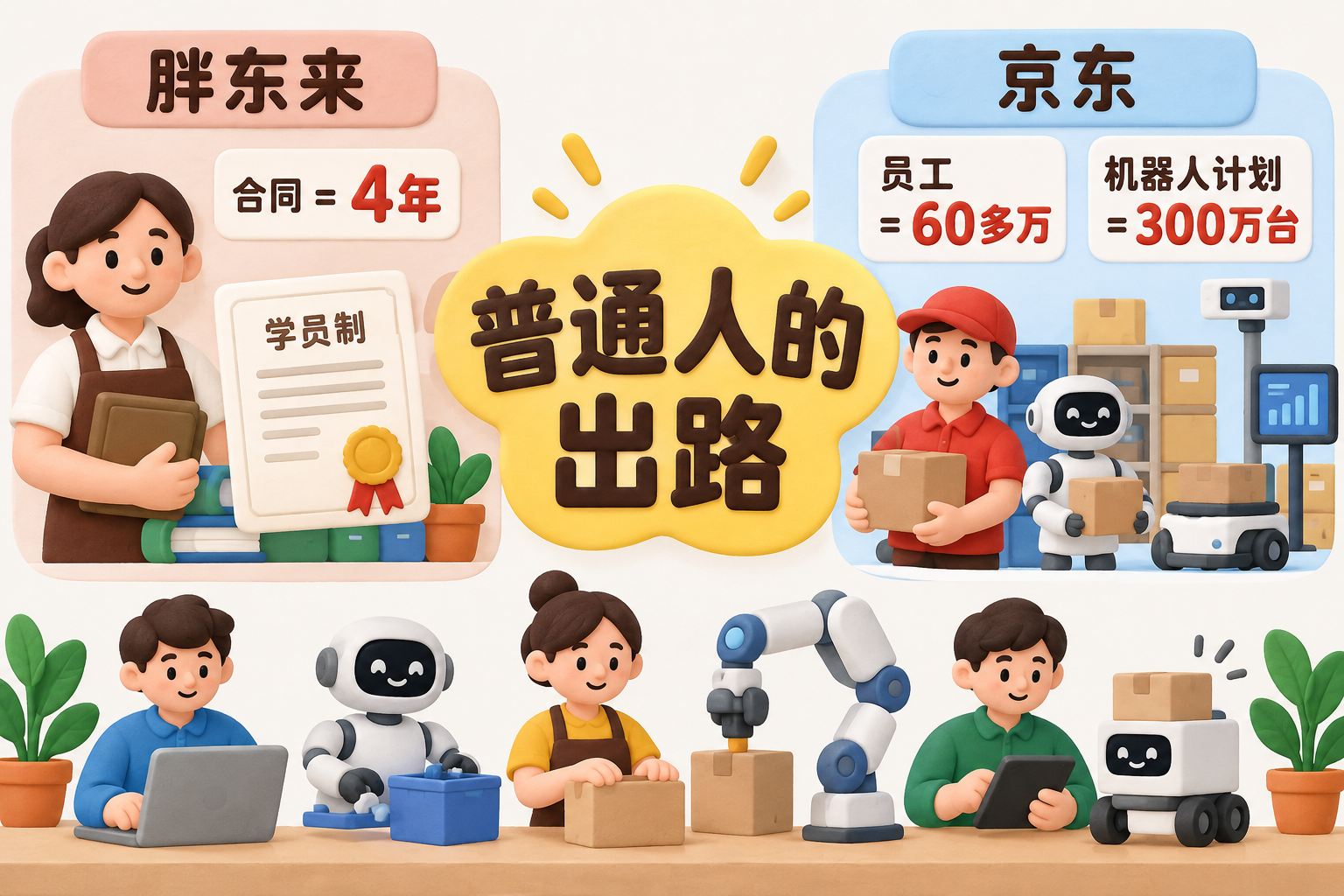 封面以“普通人的出路”为中心,左侧是胖东来四年学员制与证书,右侧是京东员工、机器人和数据采集设备,底部呈现普通人与机器人并肩工作的关系;可见事实元素:普通人的出路