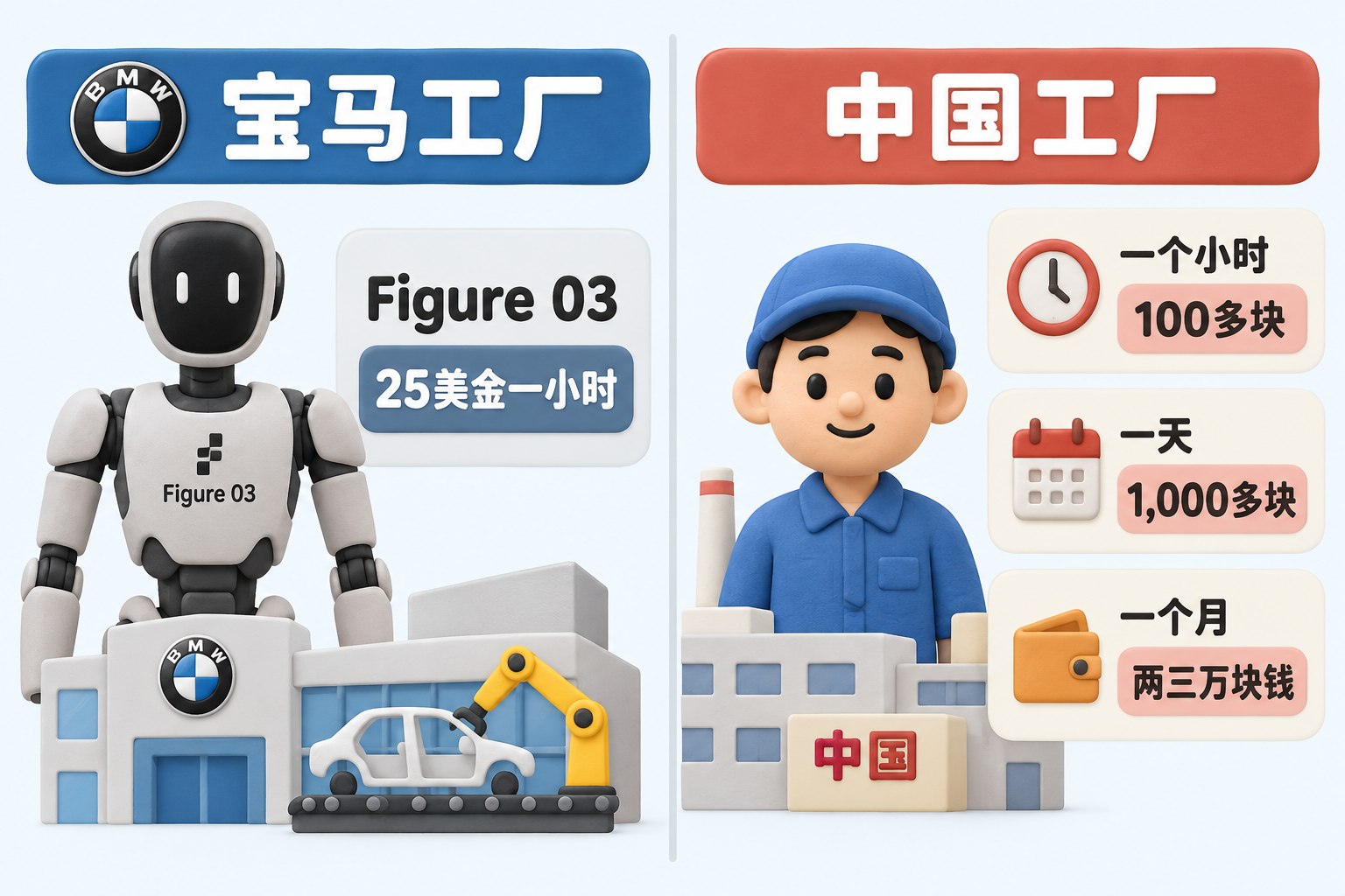 平面成本对比图,左侧为宝马工厂中的Figure 03,右侧为中国工厂普通岗位,以分栏方式表现同一小时成本在不同环境中的可行性差异;可见事实元素:Figure 03