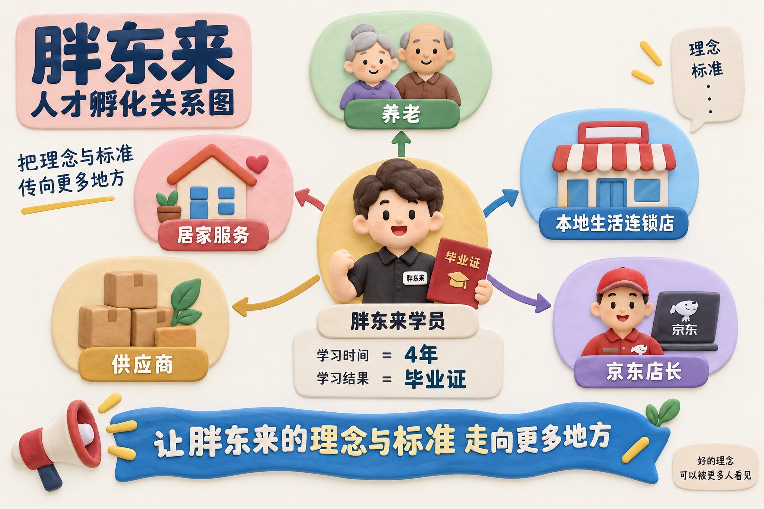 胖东来人才孵化关系图,中心为完成四年学习并取得证书的学员,向外连接养老、居家服务、本地生活连锁店、供应商和京东店长等去向,强调理念与标准的传播;可见事实元素:胖东来学员