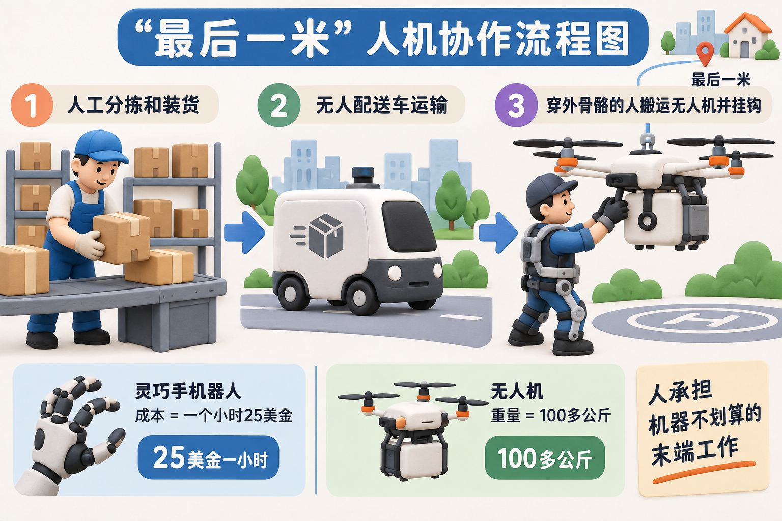“最后一米”人机协作流程图,依次展示人工分拣和装货、无人配送车运输、穿外骨骼的人搬运无人机并挂钩,突出人承担机器不划算的末端工作;可见事实元素:最后一米