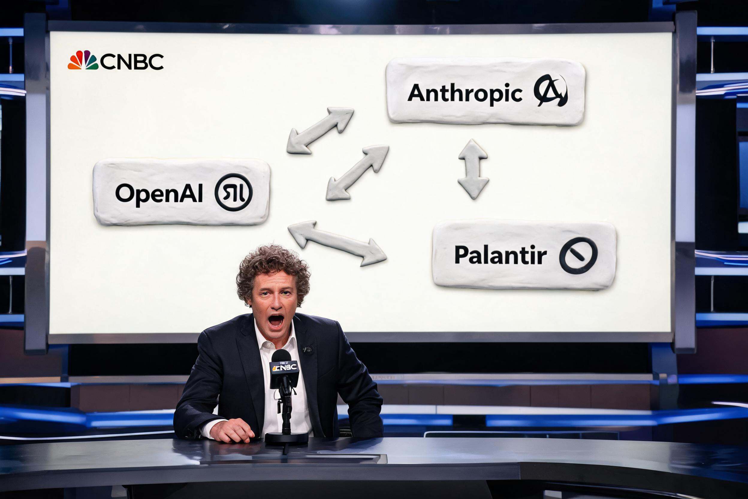 CNBC演播室里一位卷发CEO坐在聚光灯下拍桌发言,背景屏幕上浮现OpenAI、Anthropic与Palantir三方箭头对冲的商业版图,浅色背景的商业评论版橡皮泥平面信息图的统一风格。