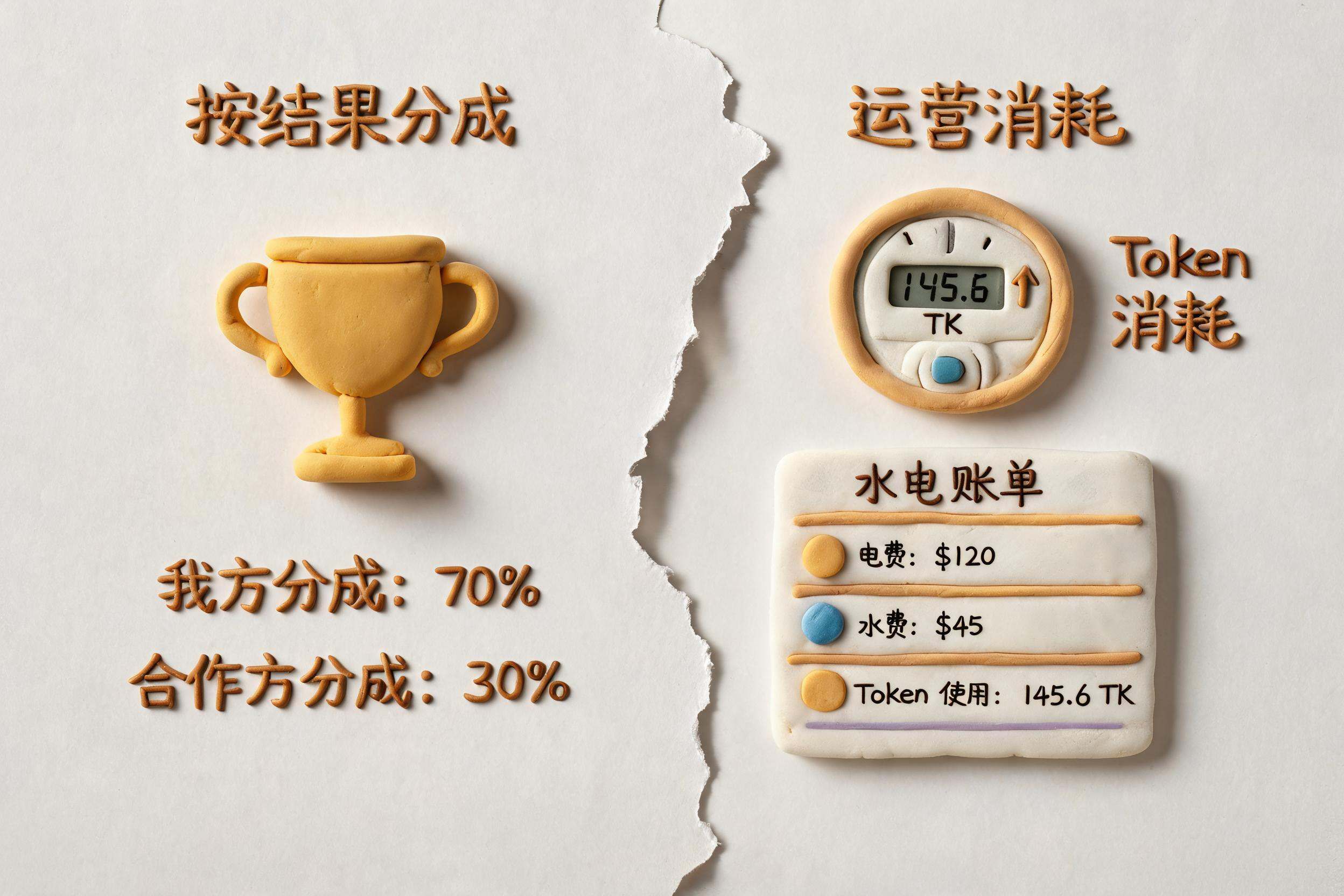 一张企业合同被拆成两半,左边是按结果分成的金杯和百分比,右边是不断跳字的token电表与水电账单,浅色背景的商业评论版橡皮泥平面信息图的统一风格。