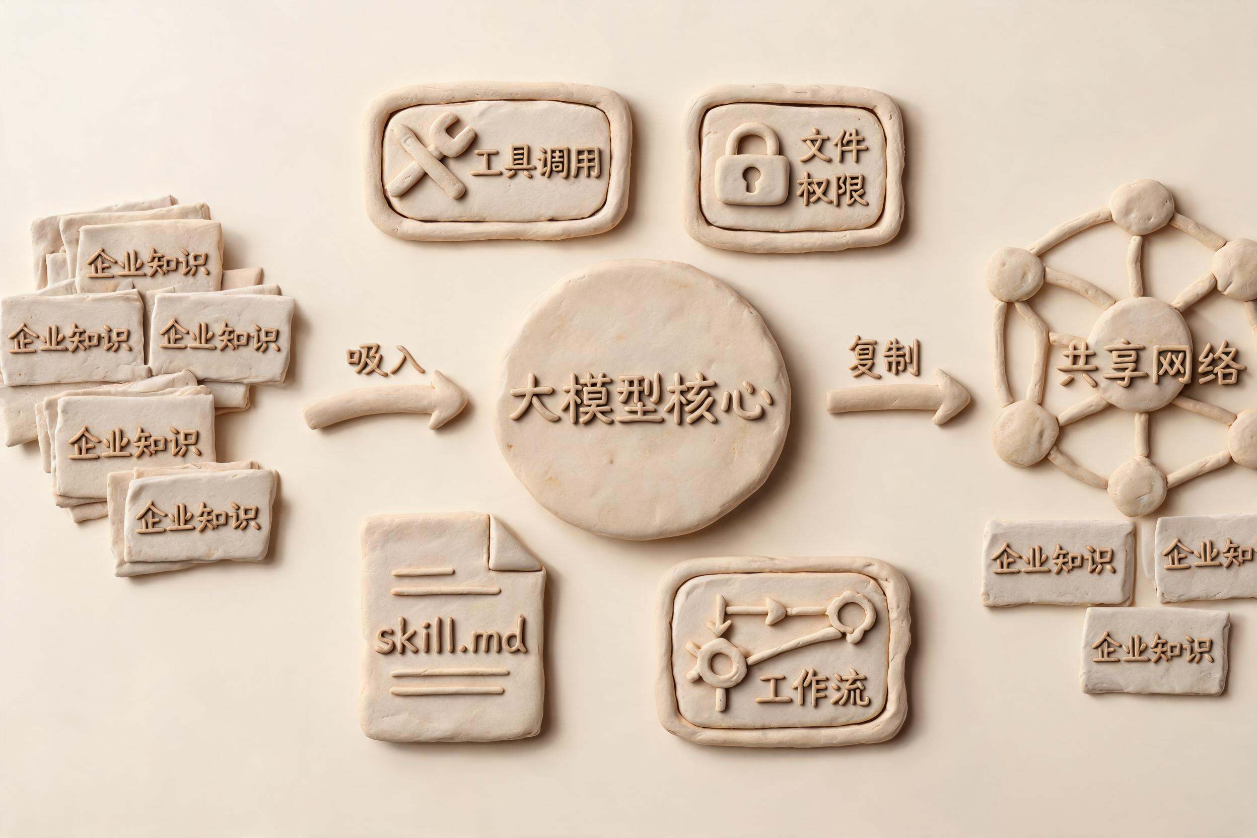 一个大模型核心外层包裹着工具调用、文件权限、工作流和skill.md文件模块,企业知识像小纸片被吸入并复制到共享网络,浅色背景的商业评论版橡皮泥平面信息图的统一风格。