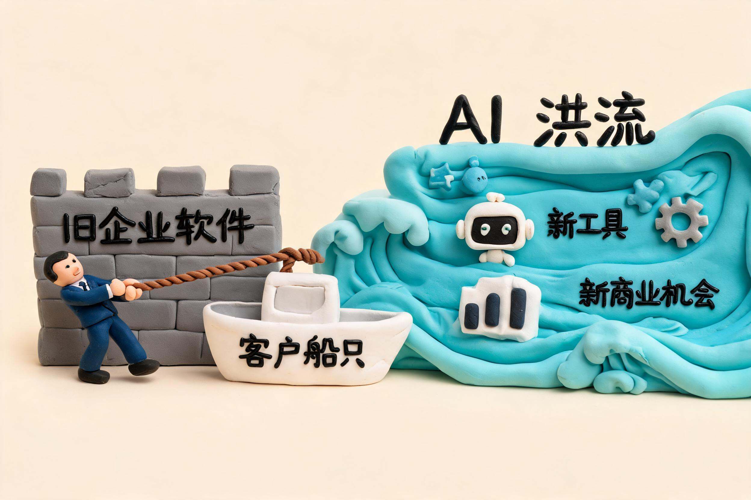 旧企业软件城墙前有人试图用绳子拉住客户船只,远处AI洪流带着新工具和新商业机会向前推进,浅色背景的商业评论版橡皮泥平面信息图的统一风格。