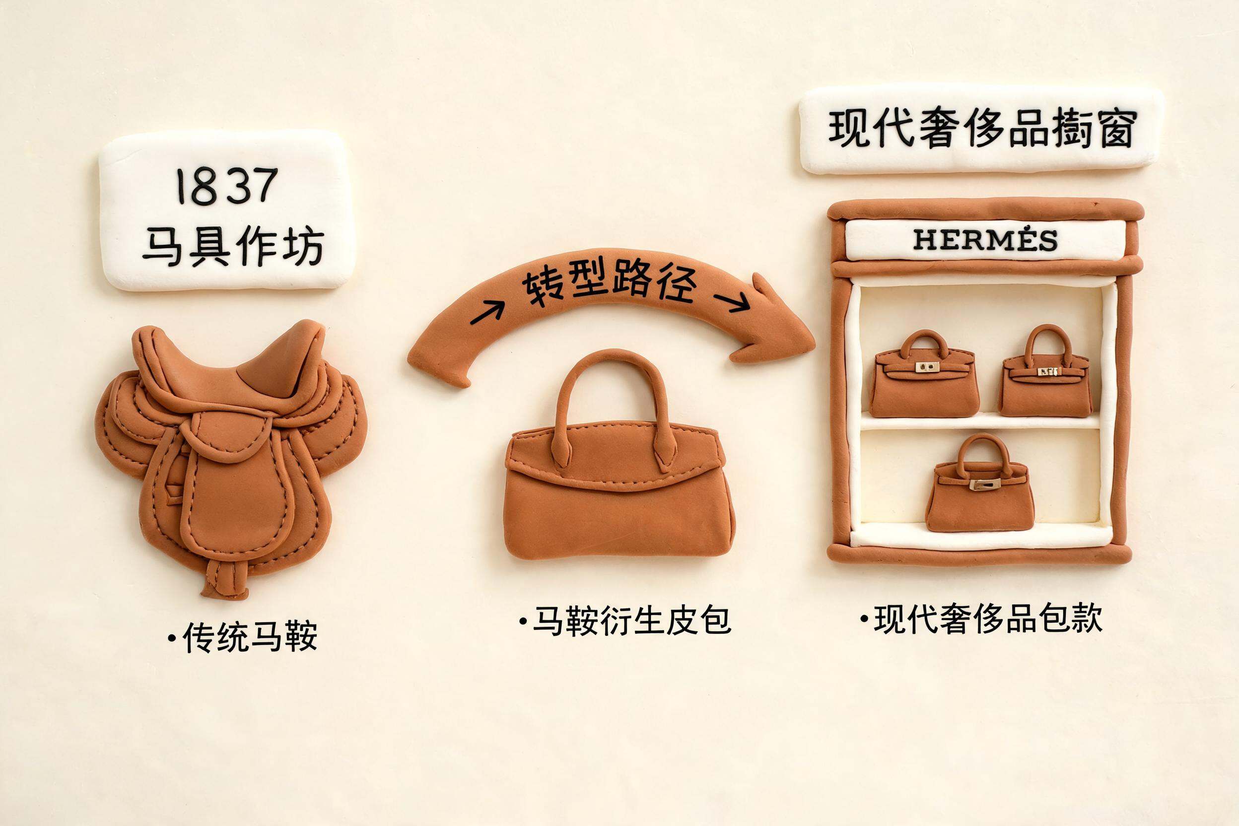 1837年的马具作坊沿着弧形箭头转变为现代奢侈品橱窗,马鞍、皮包和品牌招牌依次排列成转型路径,浅色背景的商业评论版橡皮泥平面信息图的统一风格。
