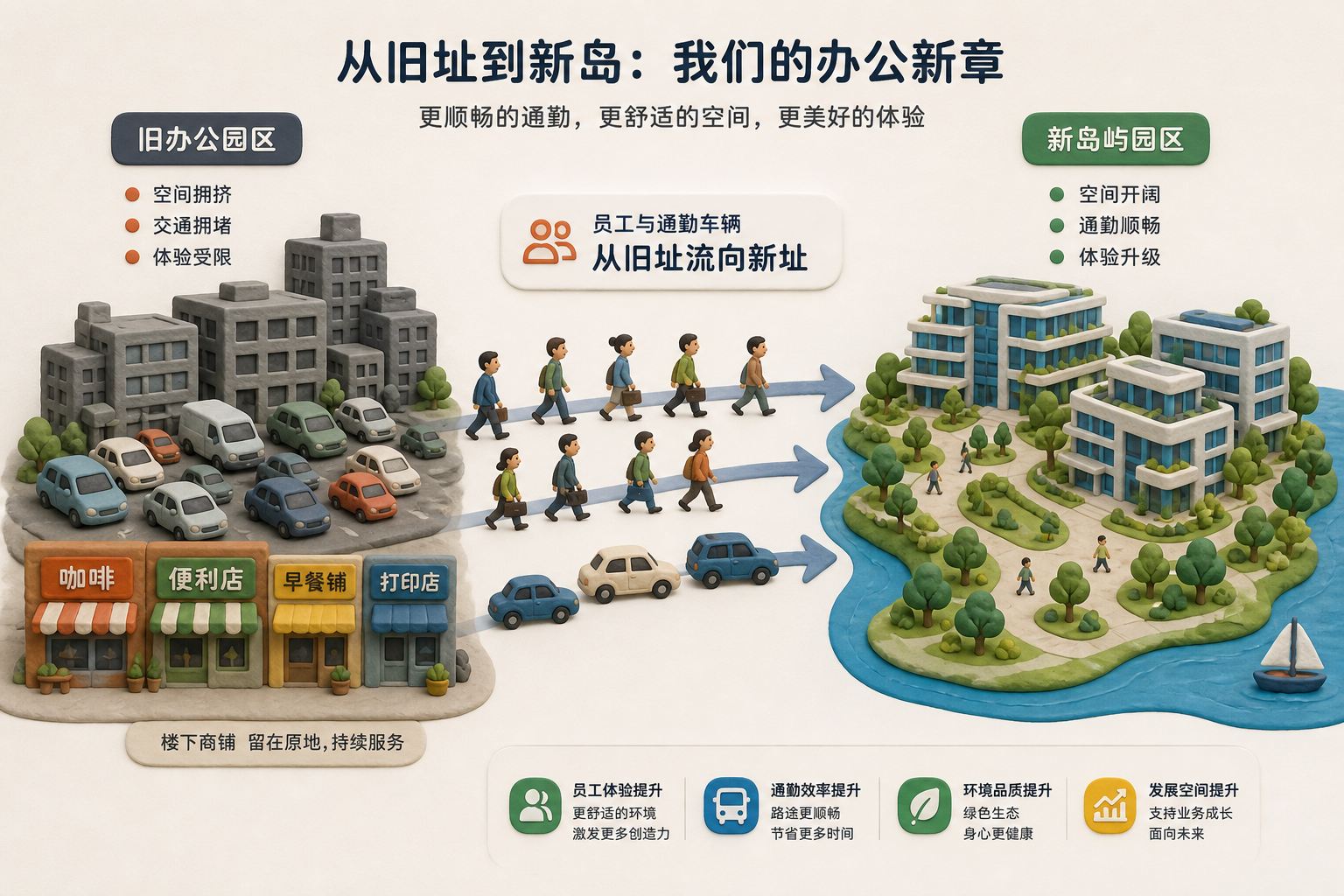 拥堵的旧办公园区与开阔的新岛屿园区左右对照,员工与通勤车辆从旧址流向新址,楼下商铺留在原地,浅色背景的商业评论版橡皮泥平面信息图的统一风格。