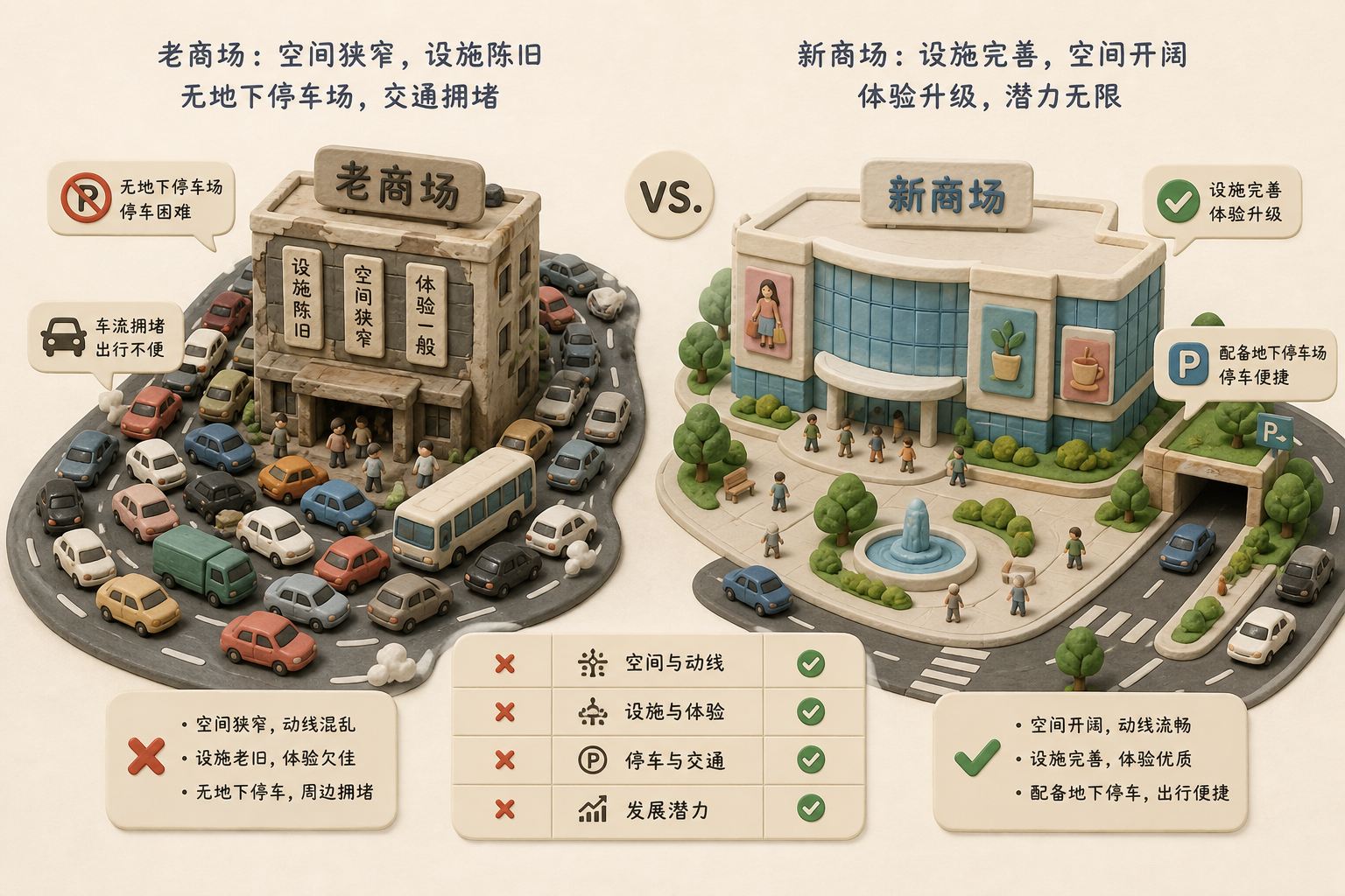 陈旧狭窄且没有地下停车空间的老商场被拥堵车流包围,旁边是一座设施完整、空间开阔的新商场概念模型,浅色背景的商业评论版橡皮泥平面信息图的统一风格。