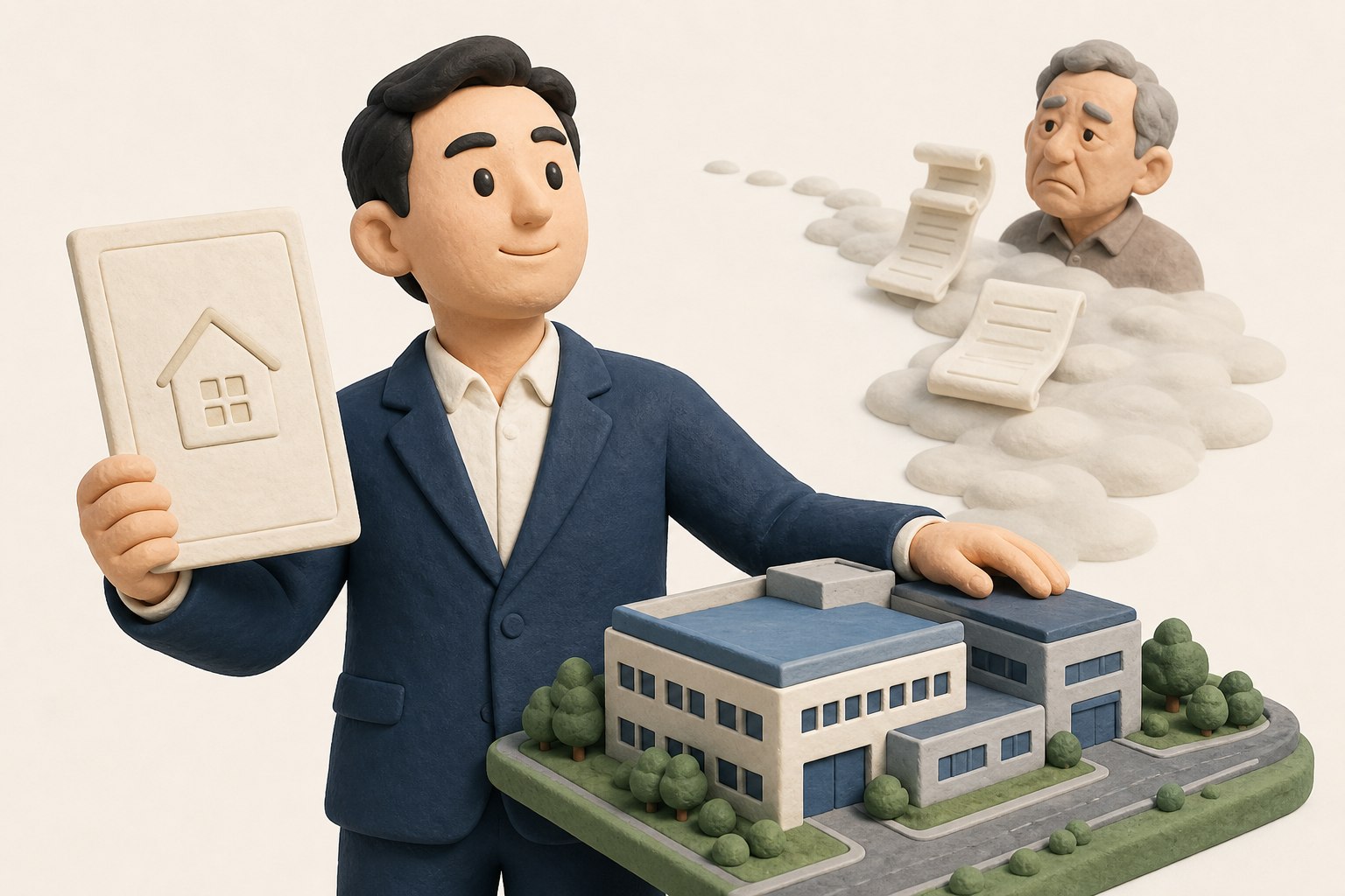 企业经营者一手拿着写有自己名字的房本,一手扶着自建园区模型,身后租金账单与房东面孔逐渐远去,浅色背景的商业评论版橡皮泥平面信息图的统一风格。