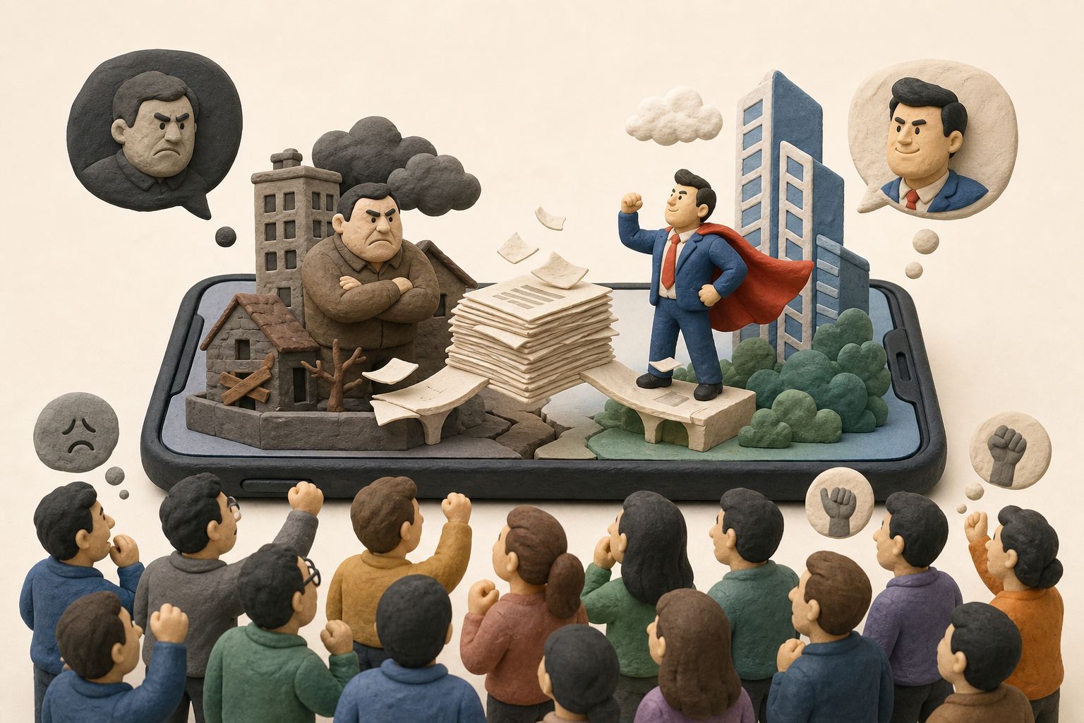 手机屏幕把复杂合同压缩成房东坏人与企业家英雄的对立舞台,围观人群把自己的职场愤懑投射到英雄身上,浅色背景的商业评论版橡皮泥平面信息图的统一风格。