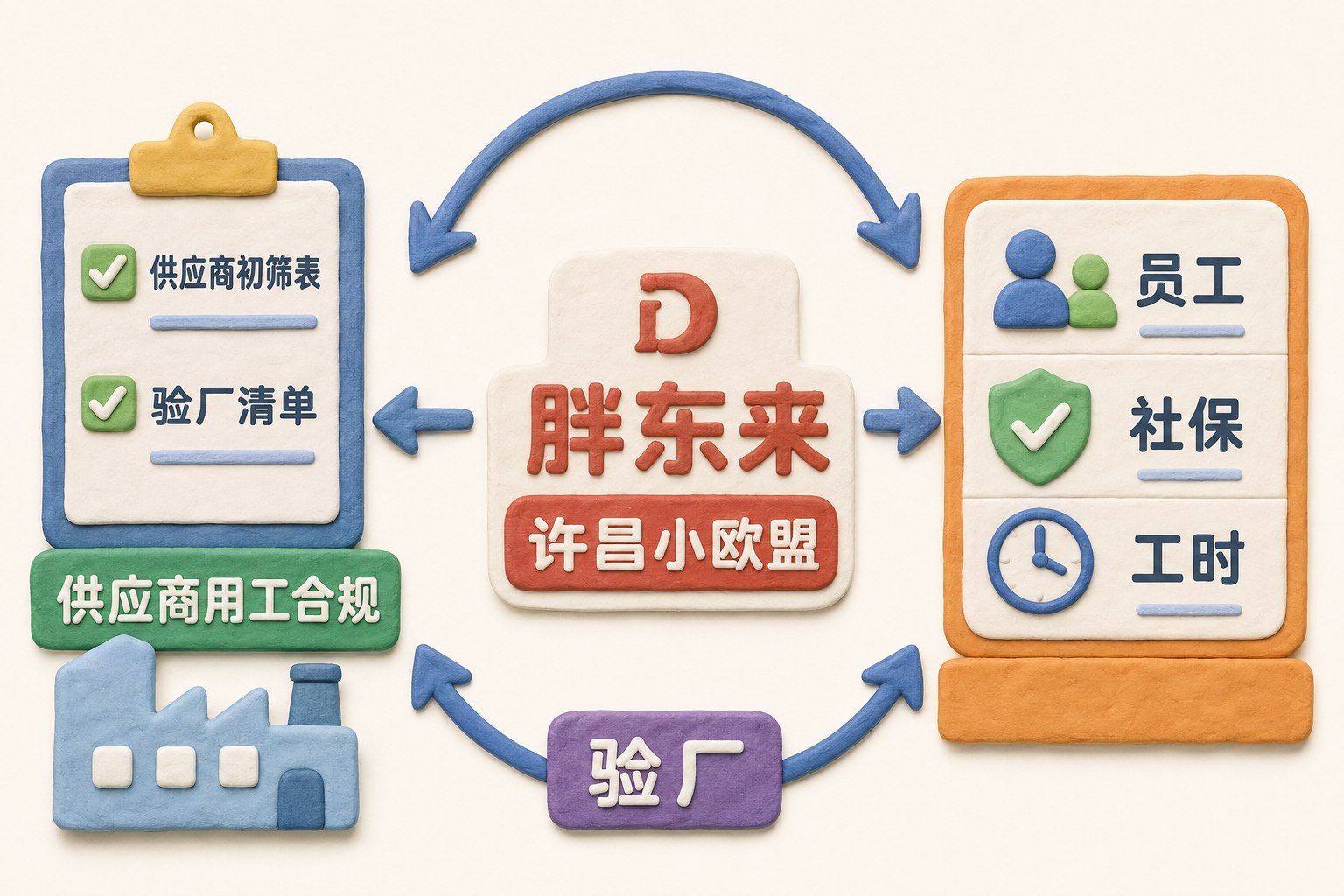 胖东来超市、供应商工厂与员工三方关系的封面构图，中央是写有“胖东来”“许昌小欧盟”的商超标识，左侧是供应商初筛表与验厂清单，右侧是员工、社保和工时符号，以审核箭头连接三方，可见事实元素：文字与数据：胖东来；许昌小欧盟