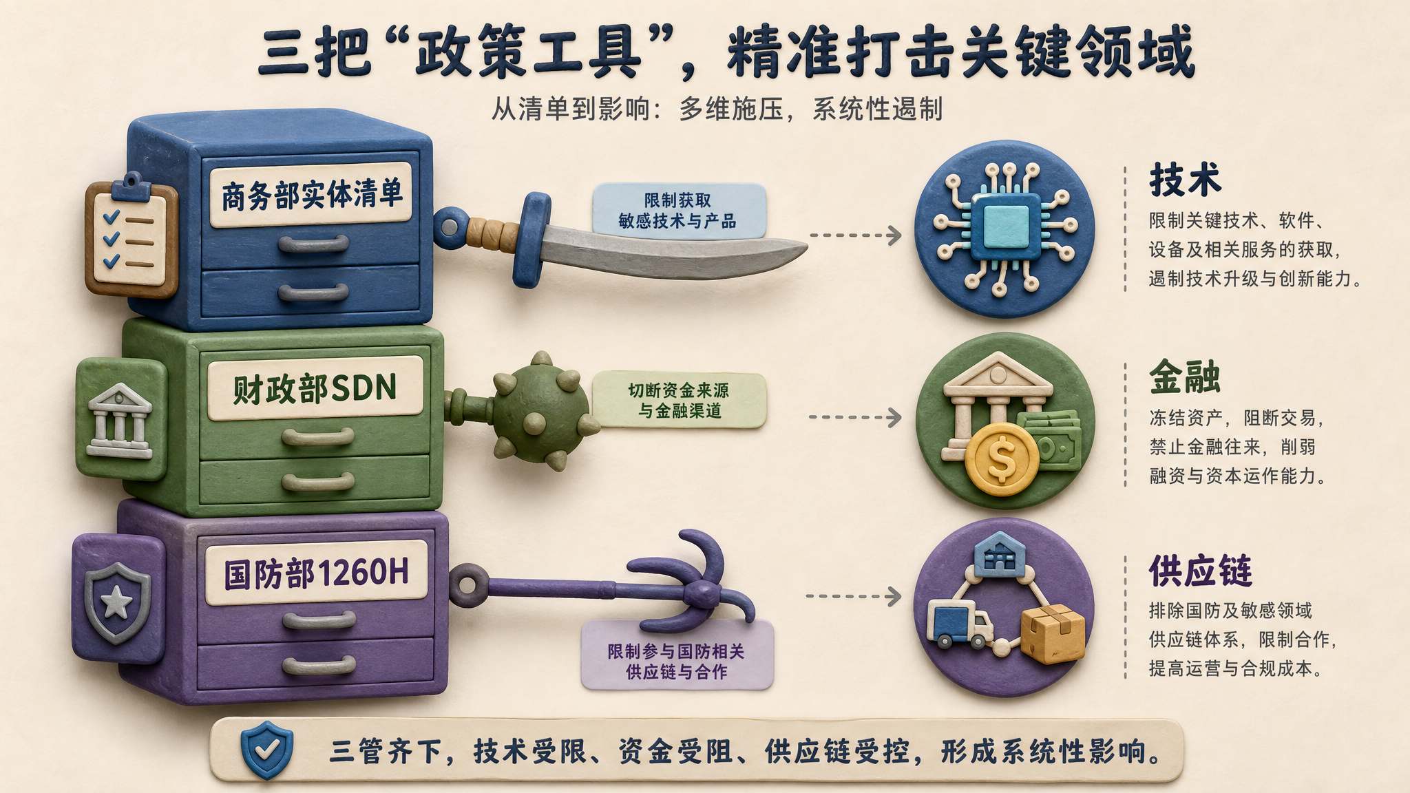 三个并排文件柜分别写着商务部实体清单、财政部SDN、国防部1260H，每个文件柜伸出不同形状的刀具指向技术、金融和供应链图标，浅色背景的商业评论版橡皮泥平面信息图的统一风格。