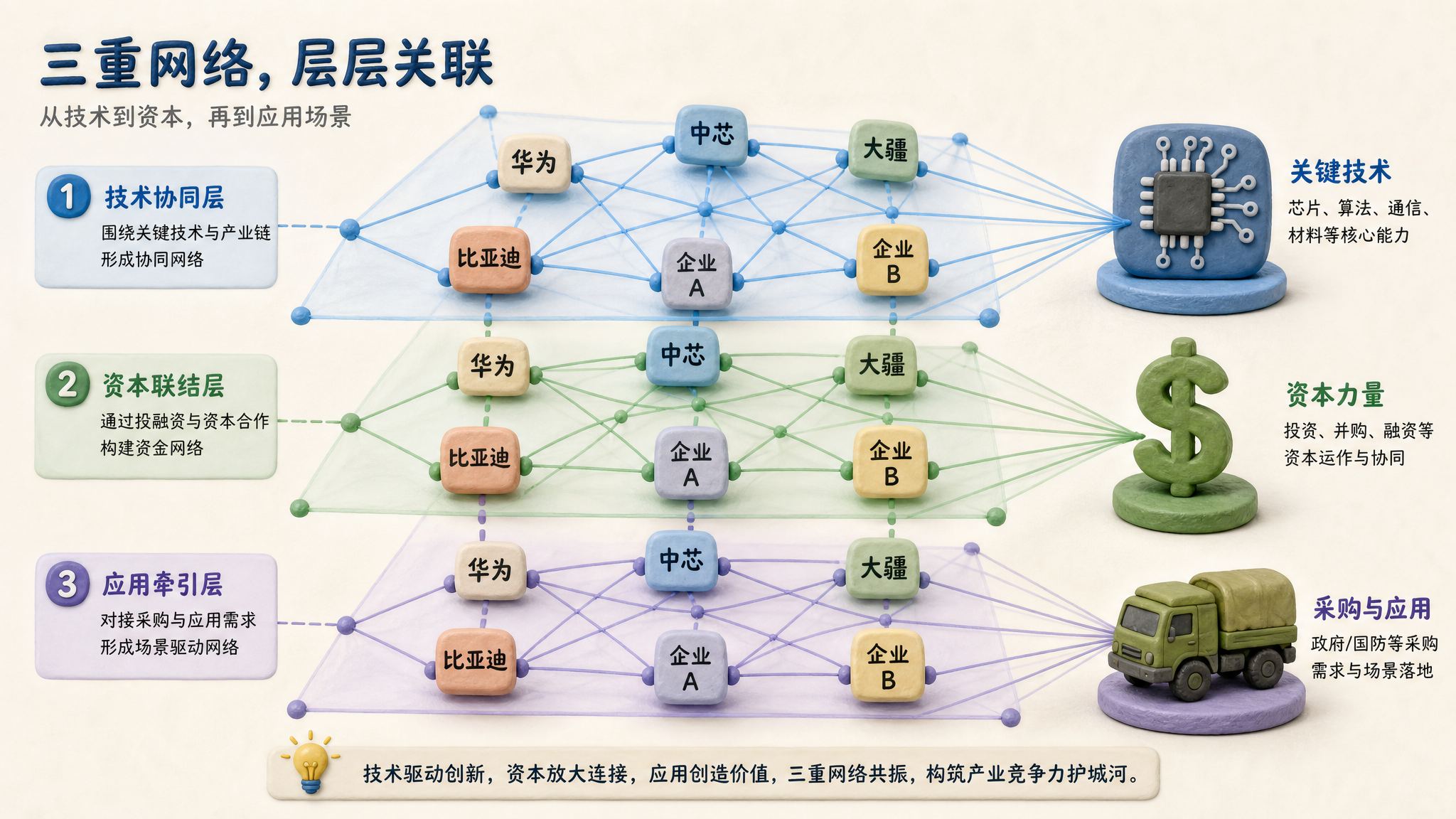 华为、中芯、大疆、比亚迪等企业小方块被三层半透明网络覆盖，网络分别连接芯片、美元符号和军工采购车，表现多张清单叠加成网，浅色背景的商业评论版橡皮泥平面信息图的统一风格。