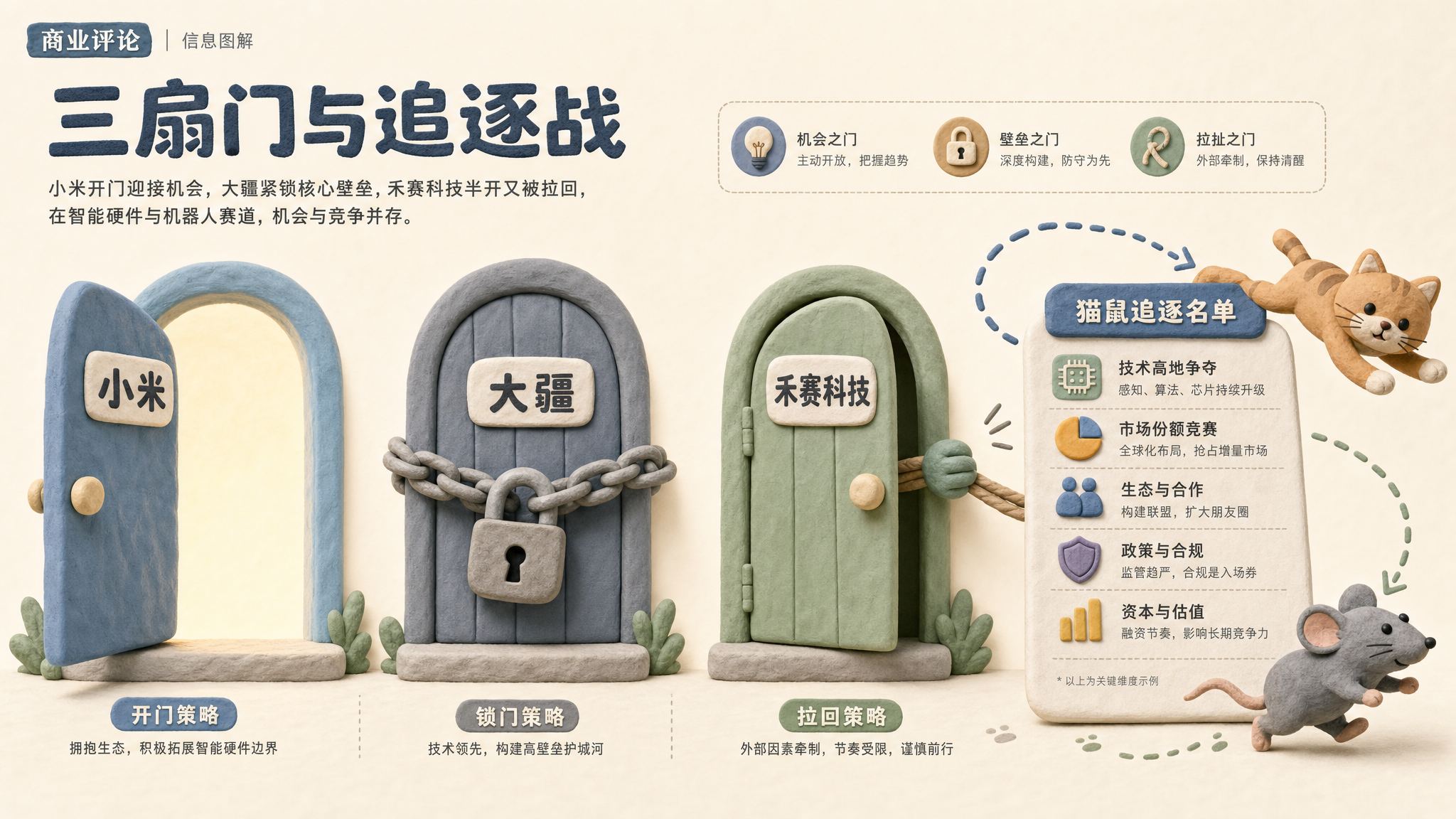 三扇门分别写着小米、大疆、禾赛科技，一扇打开、一扇锁死、一扇半开又被拉回，旁边猫鼠追逐名单卡片，浅色背景的商业评论版橡皮泥平面信息图的统一风格。