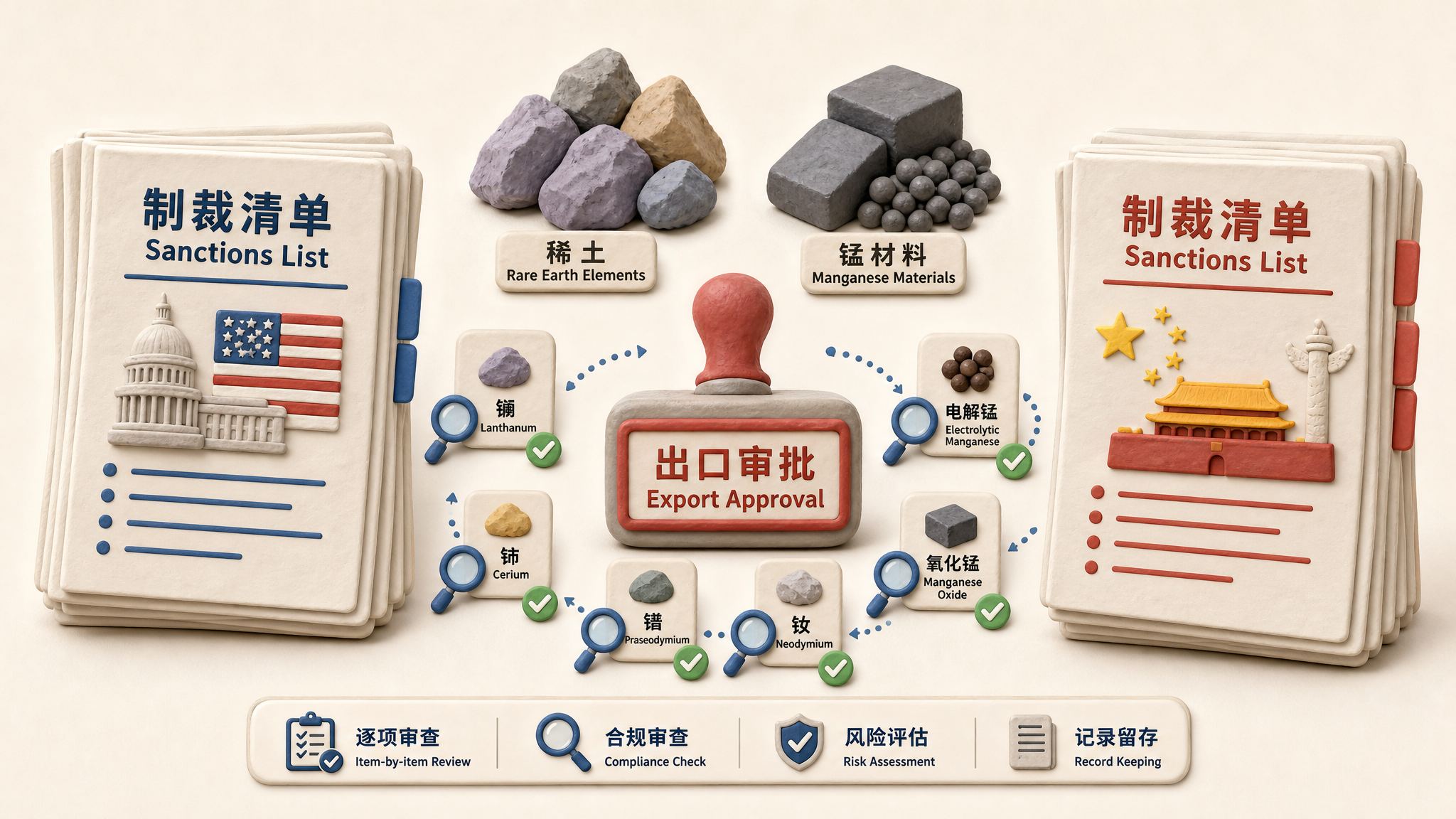 中美两侧各有一摞制裁清单文件，中间是稀土矿石、锰材料和出口审批印章，商品标签被逐项审核，浅色背景的商业评论版橡皮泥平面信息图的统一风格。