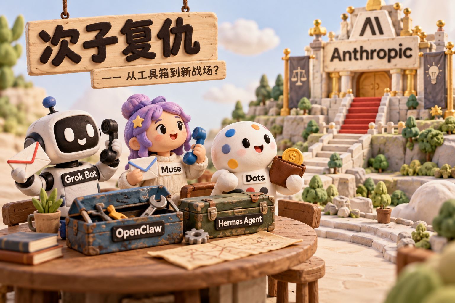 微缩圆桌旁，Grok Bot、Muse、Dots三位拟人化代理各持邮箱、电话与钱包道具，朝写有Anthropic的高台望去；桌面另摆OpenClaw与Hermes Agent的旧工具箱，形成“次子复仇”的评论式隐喻