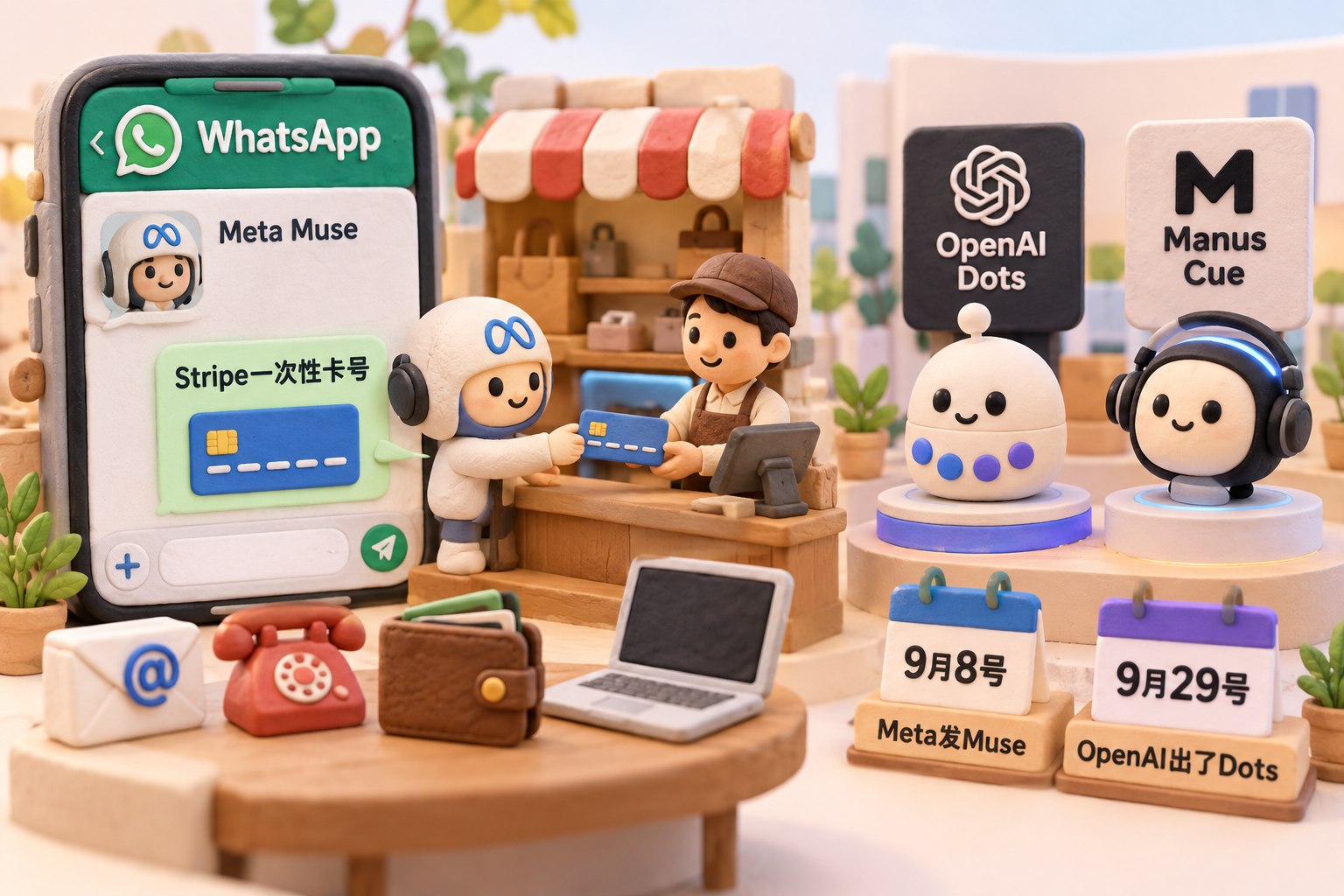立体橡皮泥微缩手机中的WhatsApp聊天窗口连着Muse小代理，小代理把一次性支付卡交给商家柜台，背景有邮箱、电话号码、钱包与电脑的小道具，旁边另一块小舞台展示Dots与Cue；可见事实元素：标签“Meta Muse”“WhatsApp”“Stripe一次性卡号”“OpenAI Dots”“Manus Cue”
