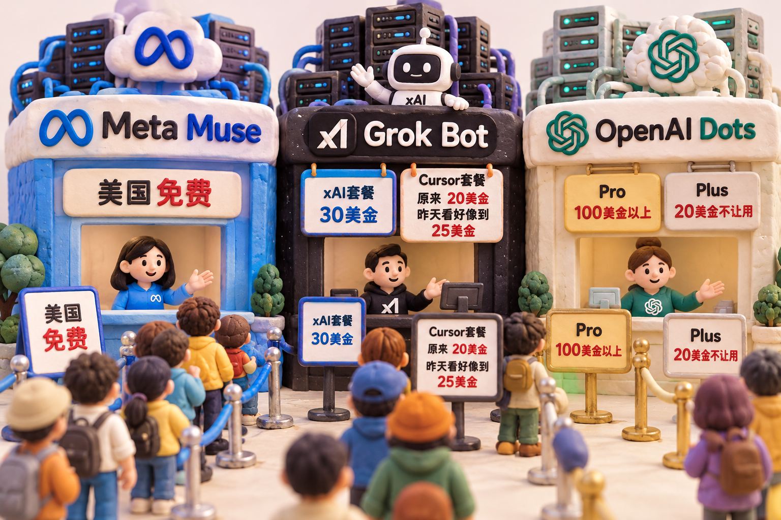 三个立体橡皮泥微缩售票窗口并排：Meta Muse门口写免费，Grok Bot门口有不同购买入口，OpenAI Dots门口摆Pro票；窗口前的人群与后台算力道具体现不同门槛