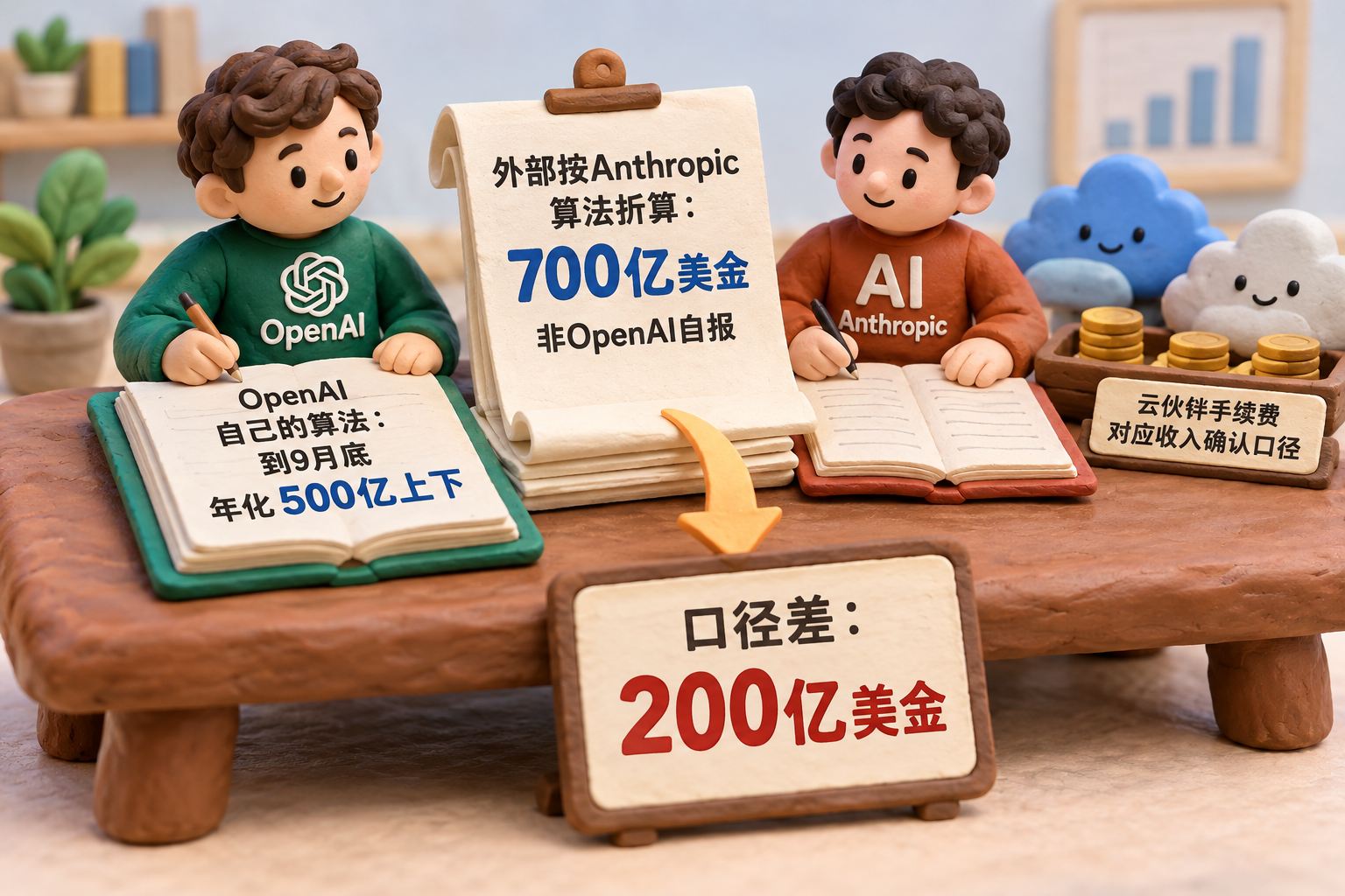 微缩商业账本摆在橡皮泥桌面，OpenAI和Anthropic各有一本，旁边的云伙伴抽成以独立托盘表现；中央的“700亿”来自外部折算的文件，“500亿上下”来自OpenAI向投资人所说口径，二者绝不画成实际业务骤减