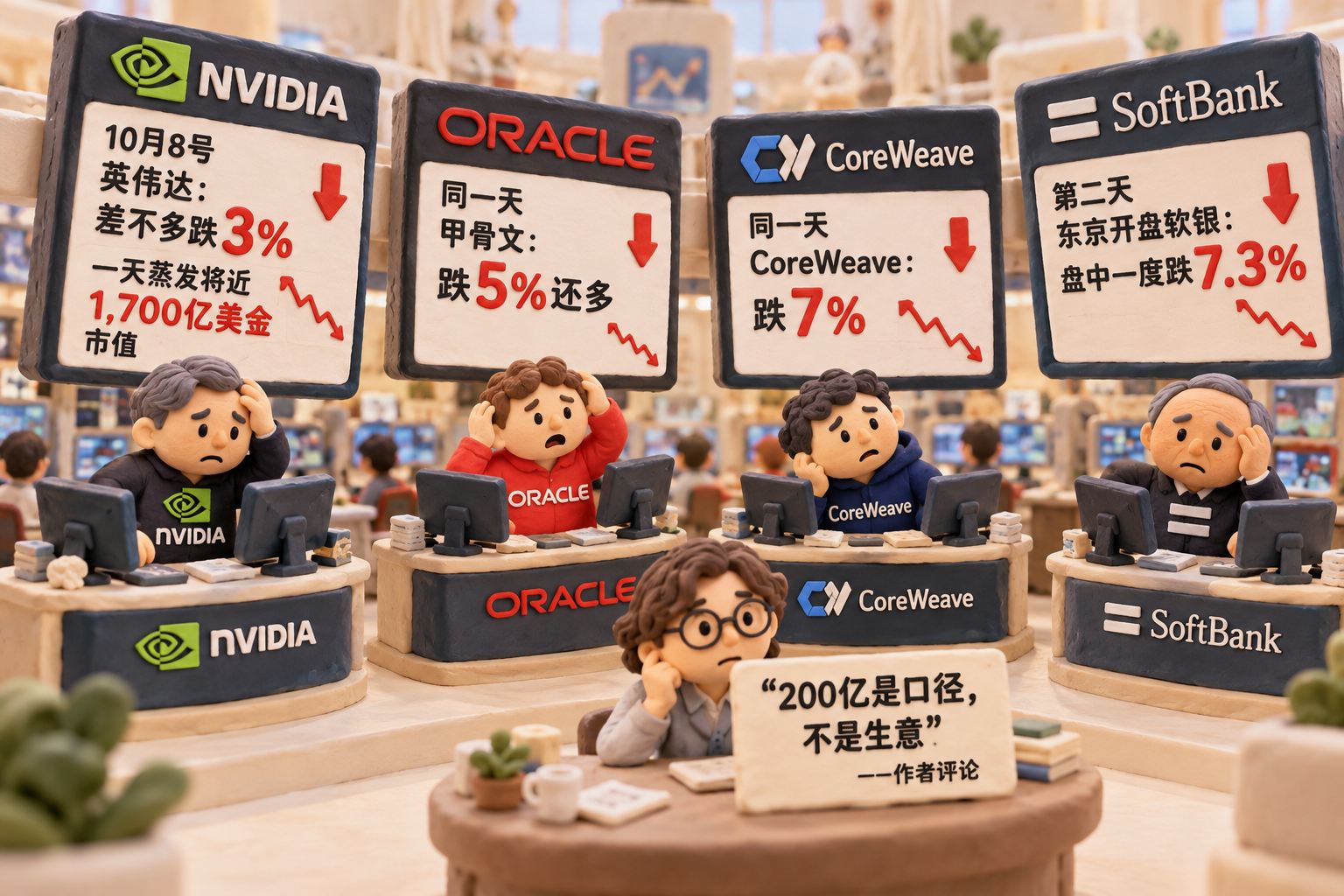 立体橡皮泥微缩交易厅中，几块独立股票报价牌倾斜，英伟达、甲骨文、CoreWeave与软银各在自己的交易台前，旁边摆着“200亿是口径，不是生意”的作者评论牌；百分比必须与公司和时间逐一对应