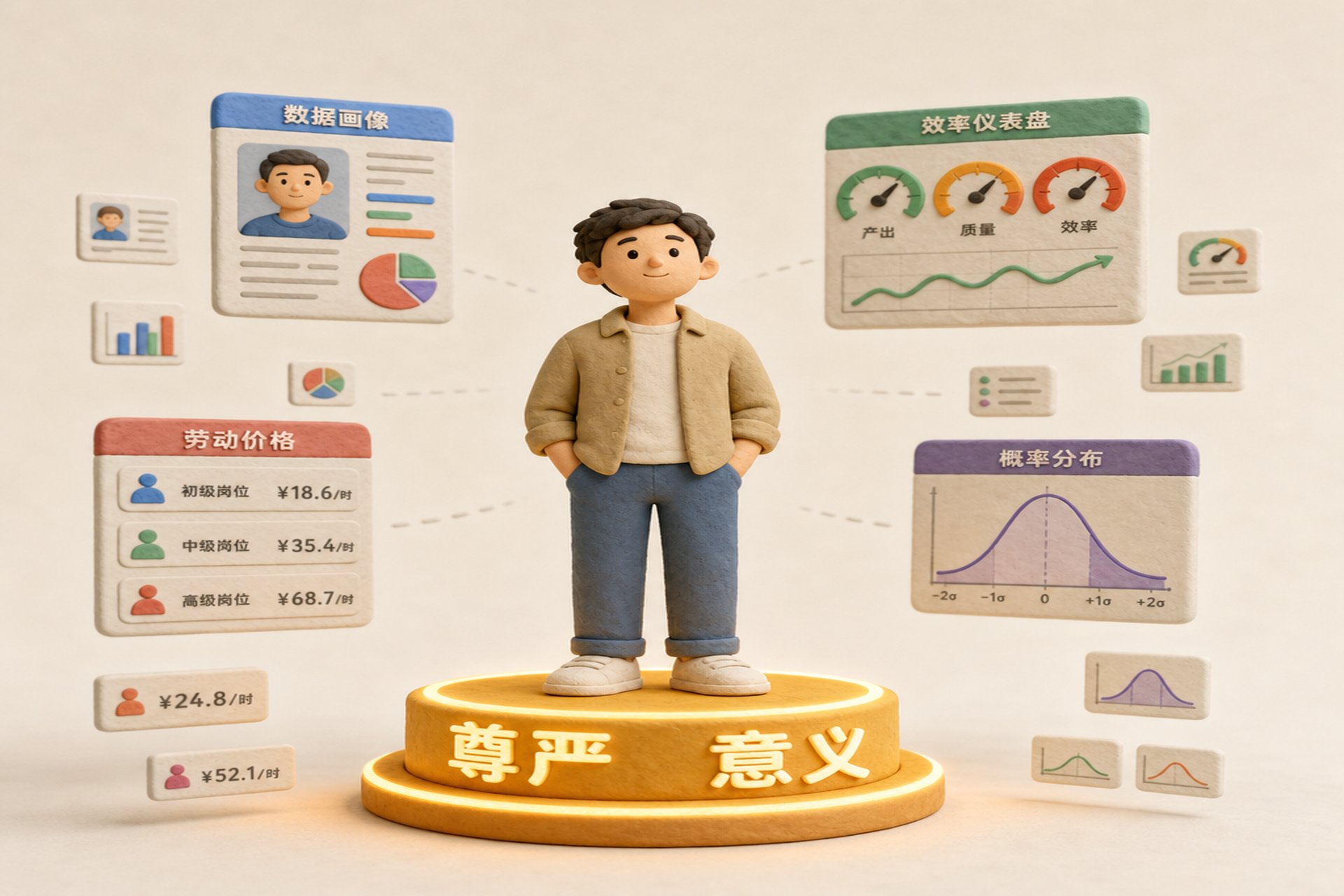 一个普通人站在画面中心,身边的数据画像、效率仪表盘、劳动价格标签和概率曲线逐渐退到外围,人物脚下亮起“尊严”和“意义”的圆形底座,浅色背景的商业评论版橡皮泥平面信息图的统一风格。