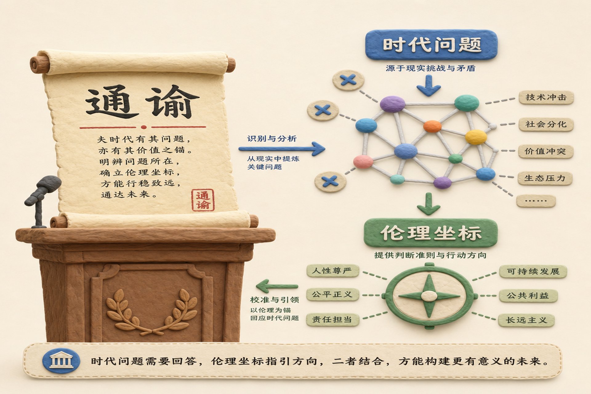 一份写着“通谕”的羊皮卷展开在讲台上,旁边悬浮着神经网络节点和小型十字架标识,画面用箭头标出“时代问题”和“伦理坐标”的关系,浅色背景的商业评论版橡皮泥平面信息图的统一风格。