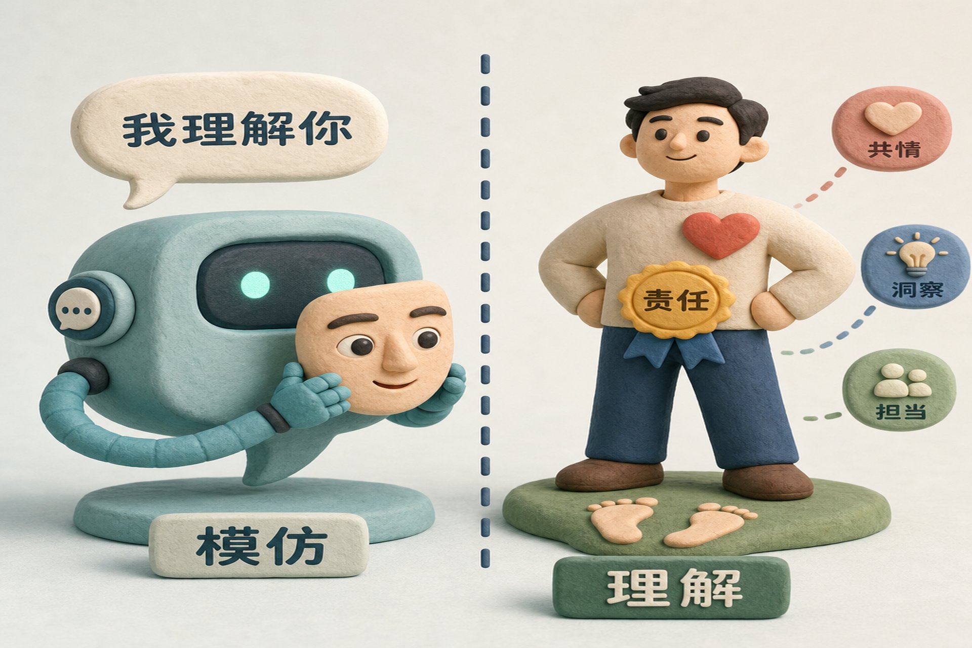 一个会说“我理解你”的聊天气泡机器人戴着人脸面具,旁边站着有心脏、脚印和责任徽章的人类形象,二者之间用虚线区分“模仿”和“理解”,浅色背景的商业评论版橡皮泥平面信息图的统一风格。