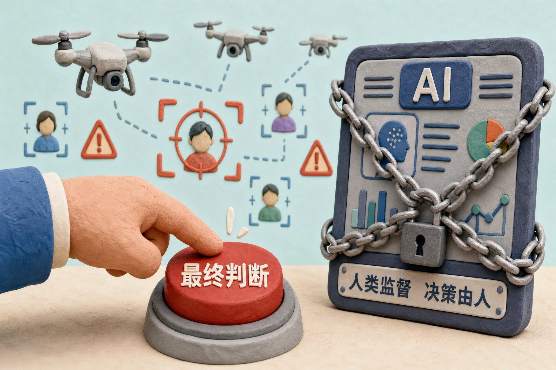 一只人类手掌按住写着“最终判断”的红色按钮,远处有无人机、算法瞄准框和警示三角标,旁边的 AI 面板被锁链限制,浅色背景的商业评论版橡皮泥平面信息图的统一风格。