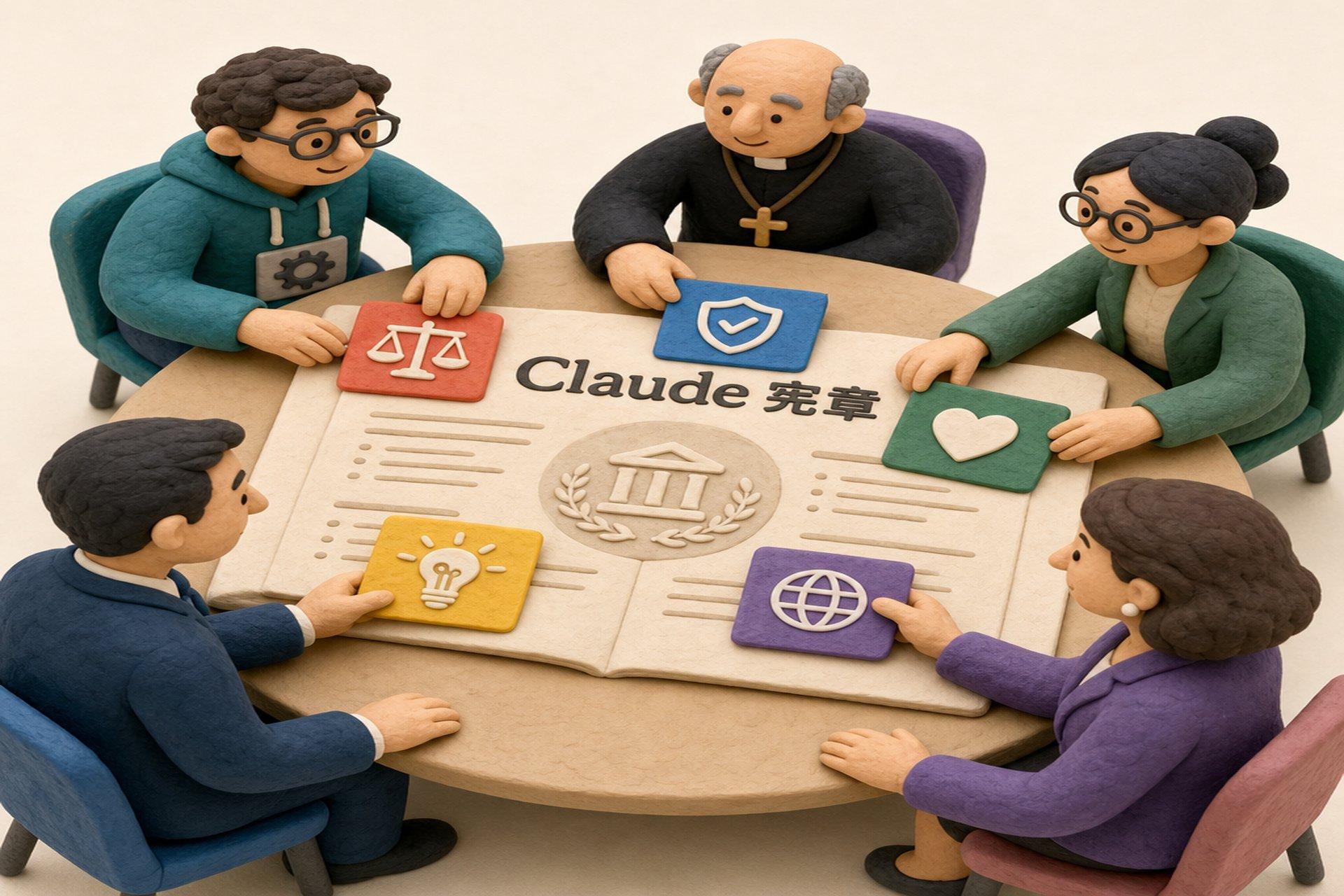 一张圆桌上摊开写着“Claude 宪章”的文件,工程师、神父、学者、政府代表和公众人物把不同颜色的价值卡片放到文件上,浅色背景的商业评论版橡皮泥平面信息图的统一风格。