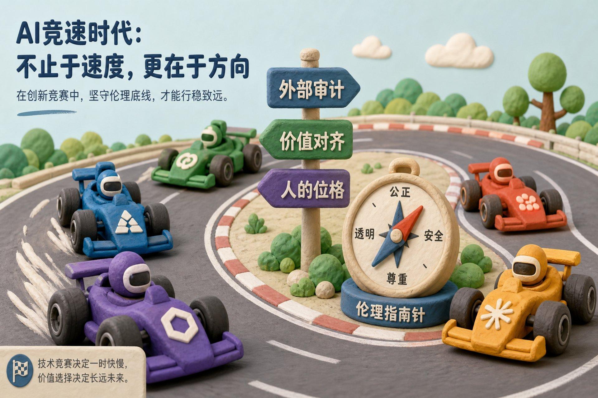 多家 AI 公司标志化的模型赛车在赛道上竞速,赛道中央竖着写有“外部审计”“价值对齐”“人的位格”的路牌和道德指南针,浅色背景的商业评论版橡皮泥平面信息图的统一风格。