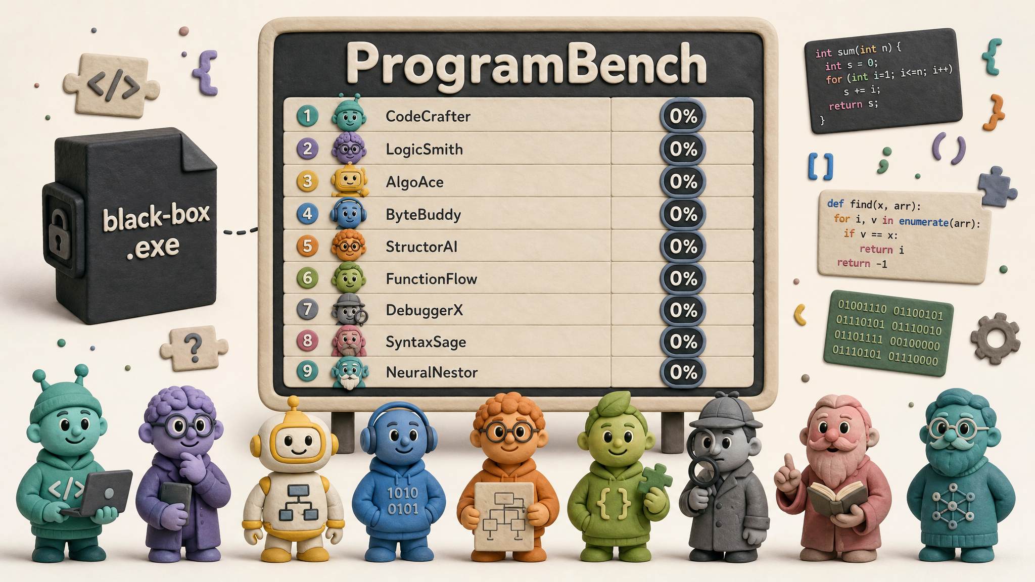 九个大模型角色站在写着 ProgramBench 的巨大计分牌前，计分牌显示全员 0%，旁边有黑箱可执行文件和代码碎片，浅色背景的商业评论版橡皮泥平面信息图的统一风格。