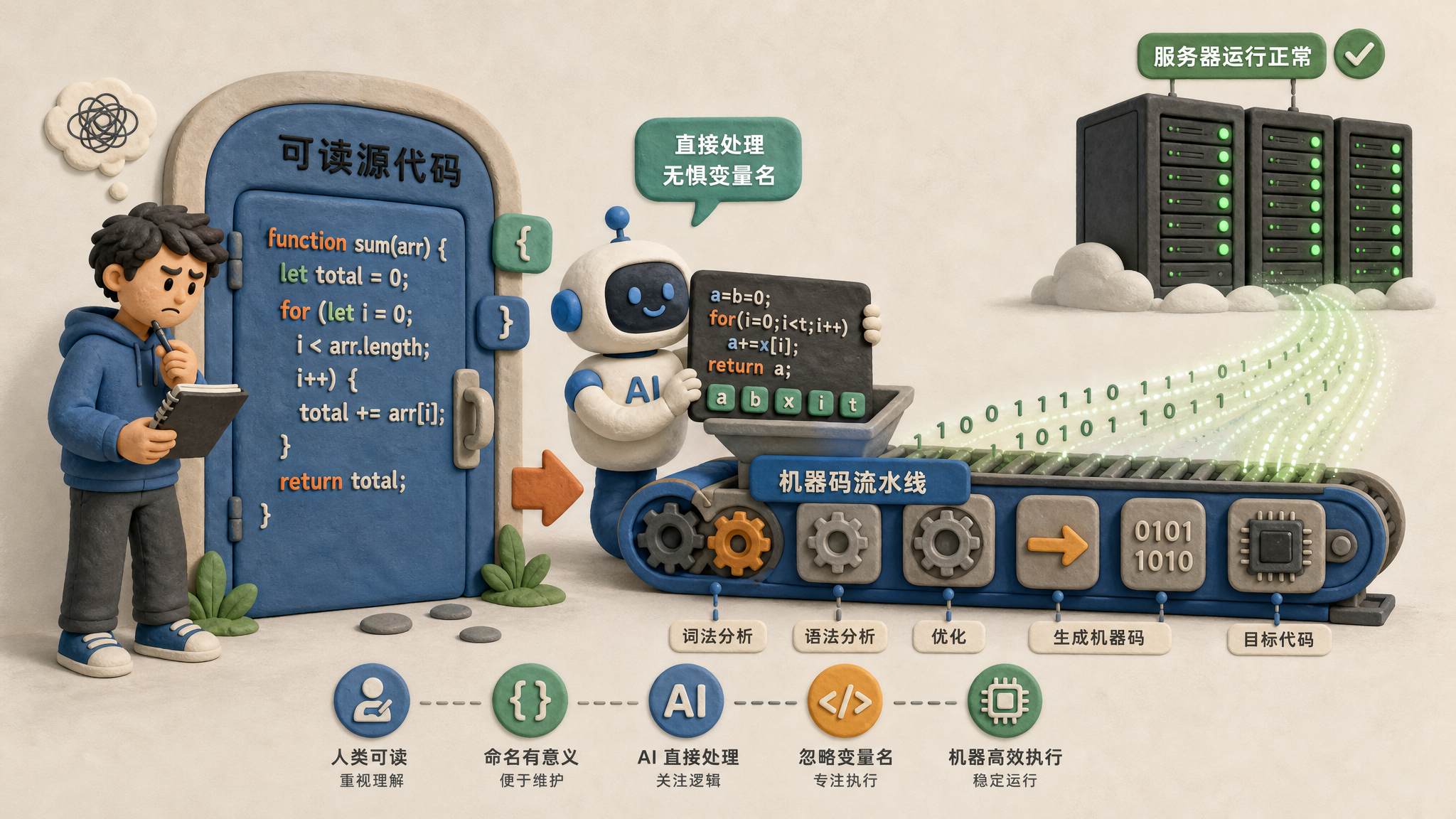 人类程序员站在可读源代码门外皱眉，AI 则把短变量名代码直接输送到机器码流水线，远处服务器顺利运行，浅色背景的商业评论版橡皮泥平面信息图的统一风格。