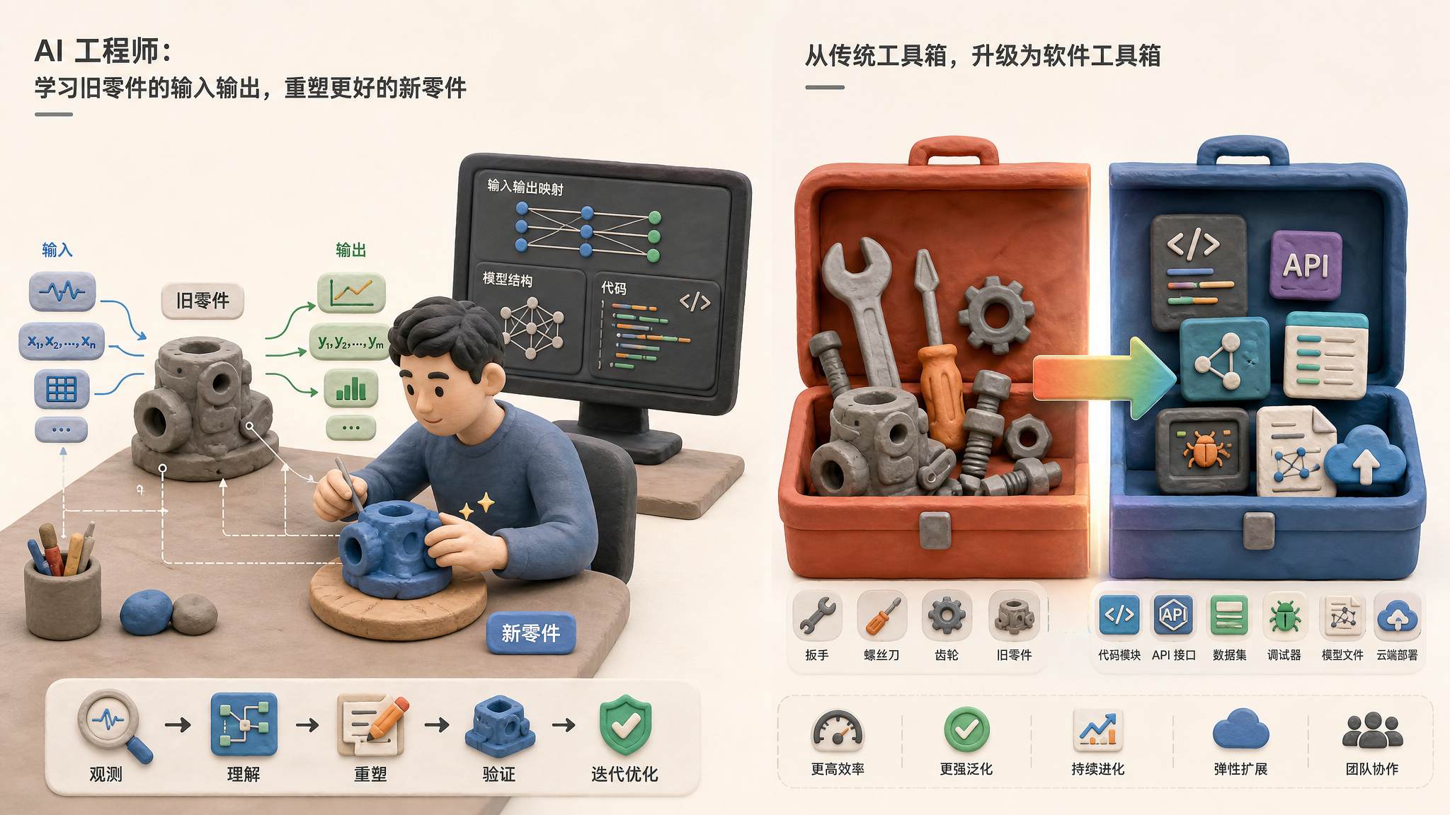 一个 AI 工程师根据旧零件的输入输出标注重新捏出新零件，旁边是从修车工具箱变成软件工具箱的对照构图，浅色背景的商业评论版橡皮泥平面信息图的统一风格。