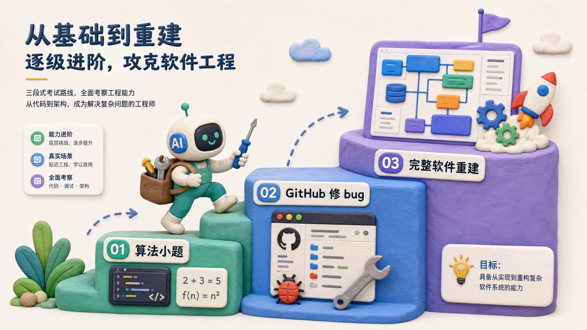 三段阶梯式考试路线从算法小题走向 GitHub 修 bug 再走向完整软件重建，AI 小人背着工具包逐级攀登，浅色背景的商业评论版橡皮泥平面信息图的统一风格。