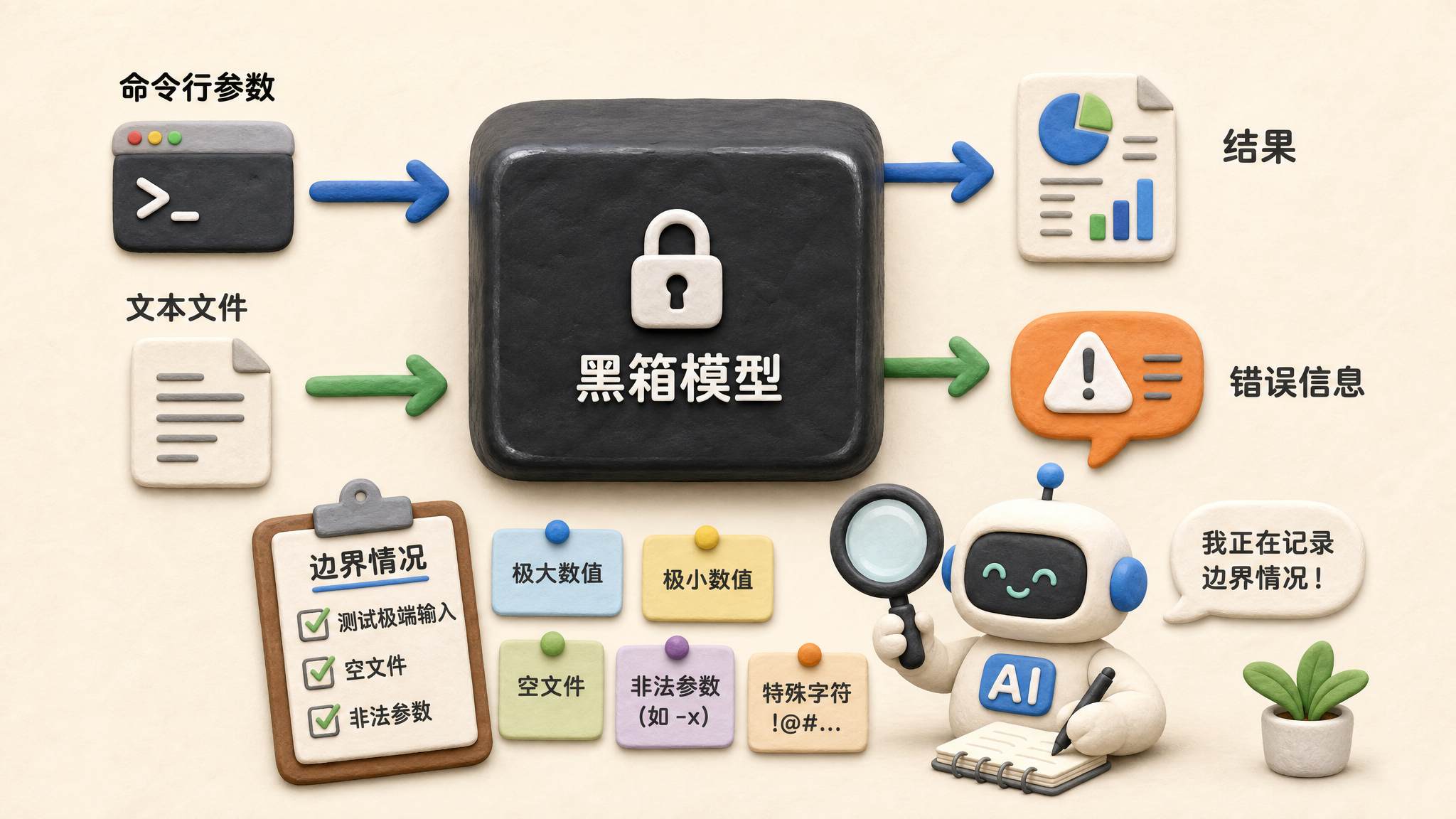 一个封闭黑箱左侧接收命令行参数和文本文件，右侧吐出结果与错误信息，AI 用放大镜记录边界情况，浅色背景的商业评论版橡皮泥平面信息图的统一风格。