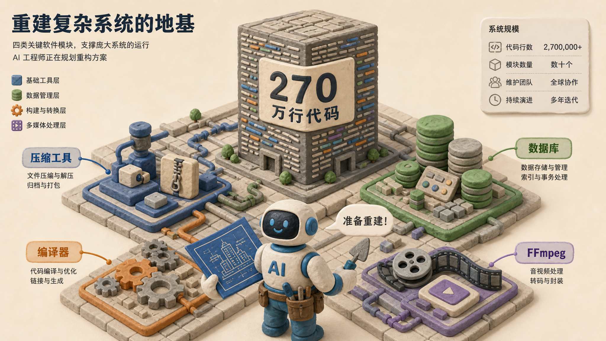 压缩工具数据库编译器和 FFmpeg 四类真实软件像城市地基模块排列，AI 站在 270 万行代码高楼前准备重建，浅色背景的商业评论版橡皮泥平面信息图的统一风格。