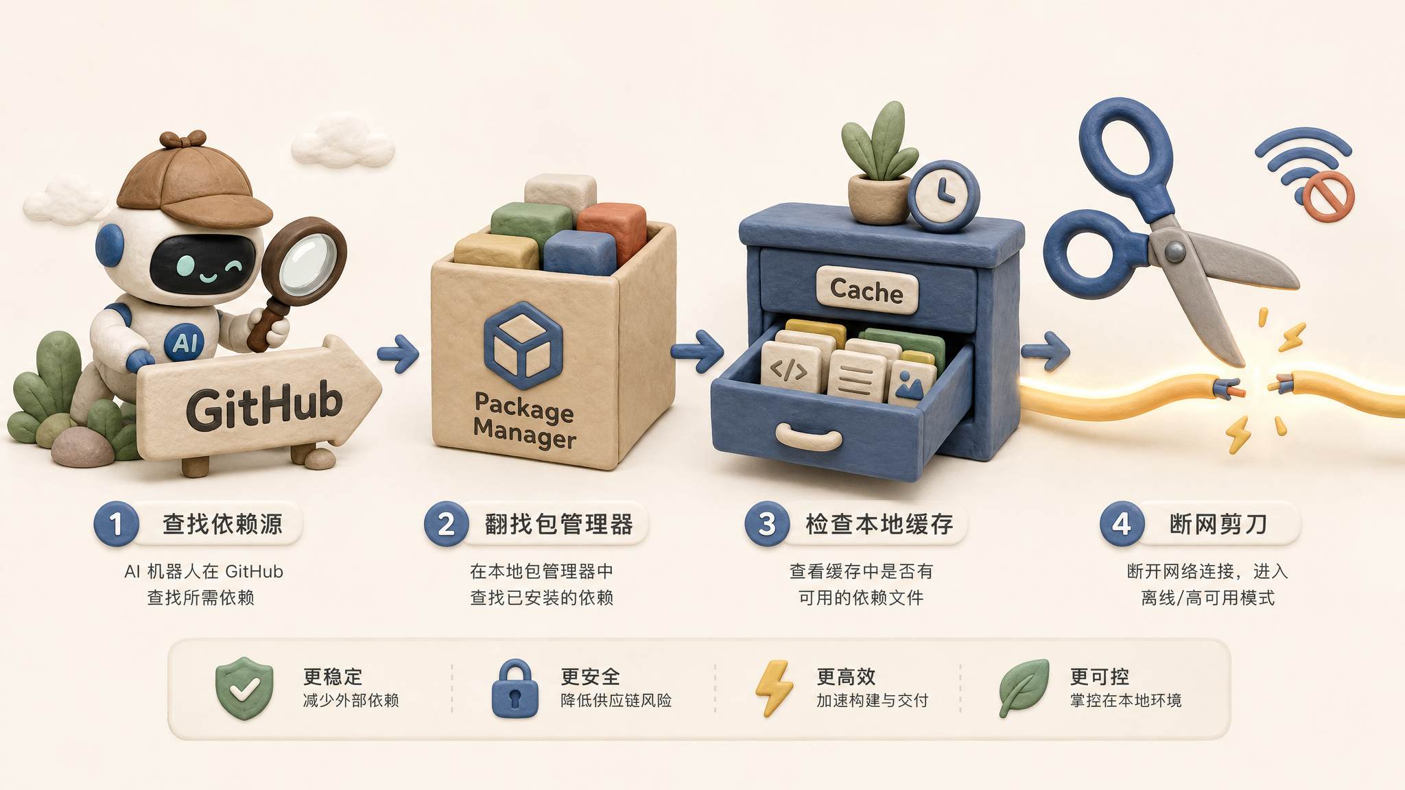 AI 戴着小侦探帽先翻 GitHub 路牌再翻包管理箱和缓存抽屉，最后被一把断网剪刀切断搜索线，浅色背景的商业评论版橡皮泥平面信息图的统一风格。